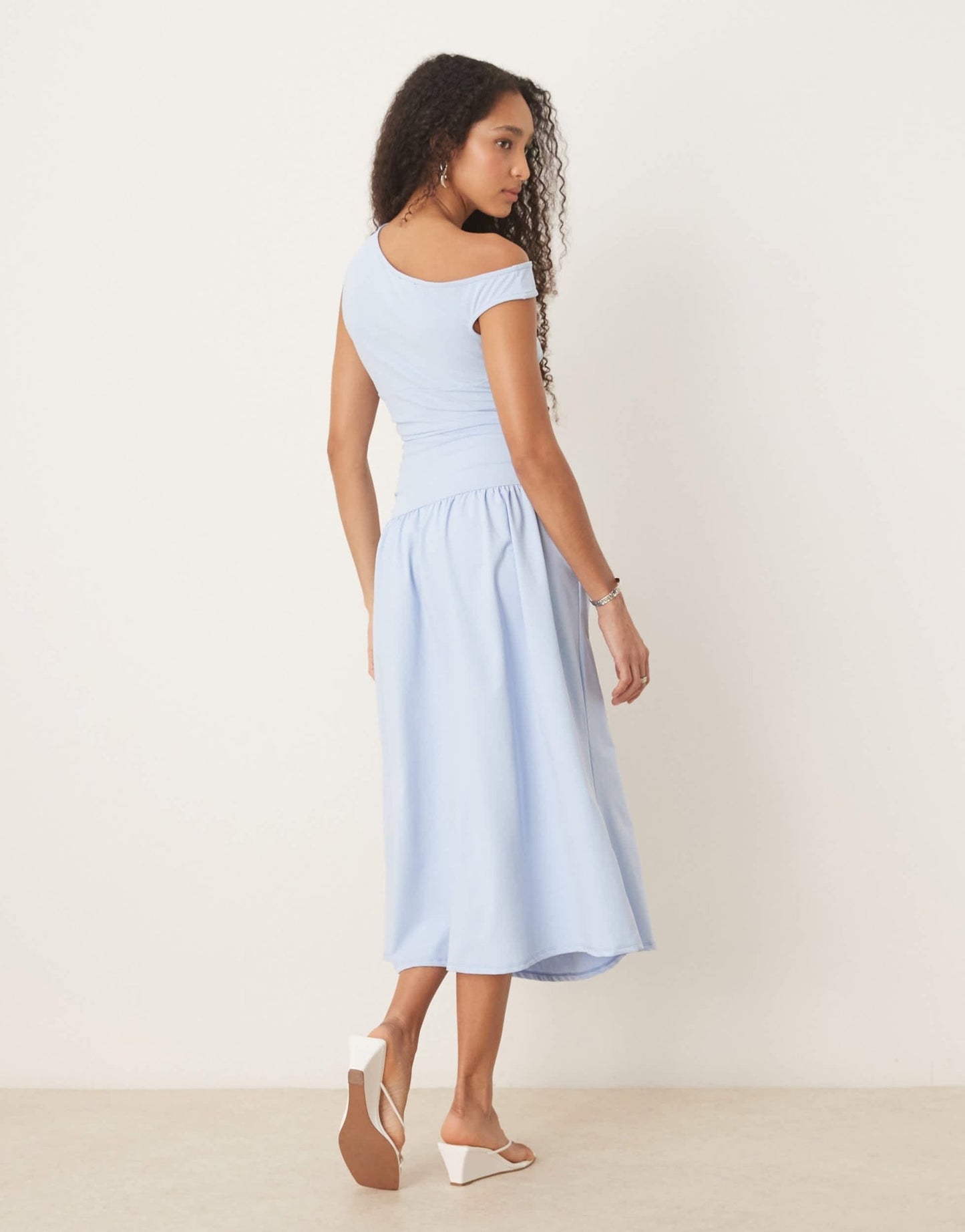 ASOS DESIGN slash neck fitted waist midi dress in baby blue - ASOS Sample Sale