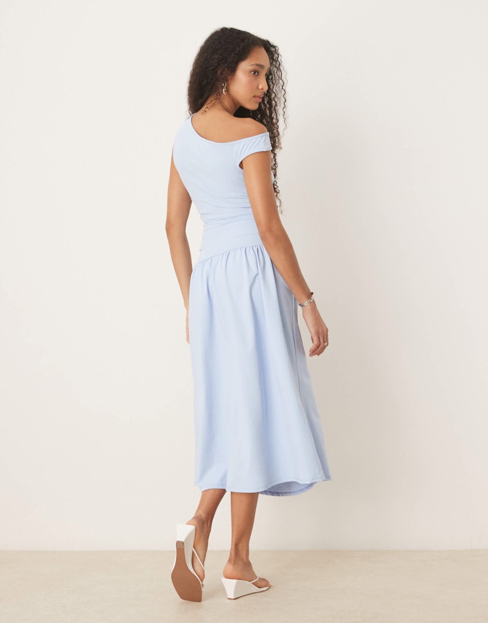 ASOS DESIGN slash neck fitted waist midi dress in baby blue - ASOS Sample Sale