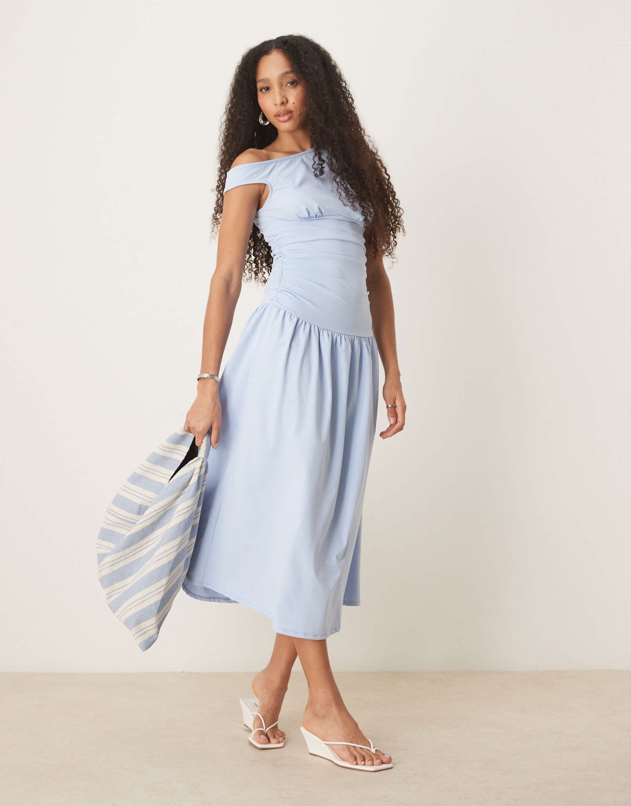 ASOS DESIGN slash neck fitted waist midi dress in baby blue - ASOS Sample Sale