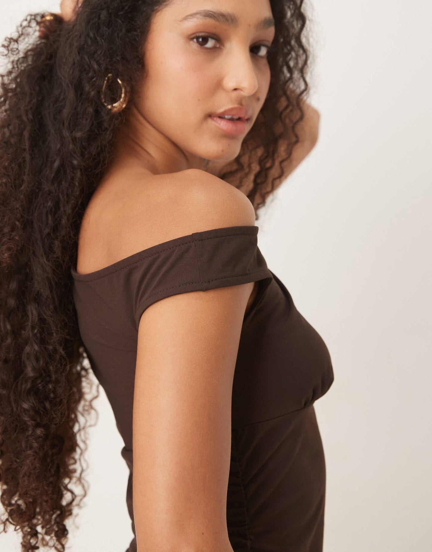 ASOS DESIGN slash neck fitted waist midi dress in brown - ASOS Sample Sale