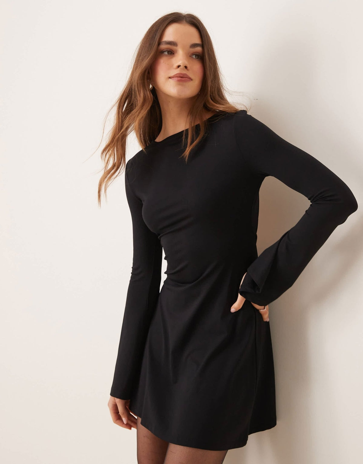 ASOS DESIGN slash neck flute sleeve mini dress with back detail in black - ASOS Sample Sale