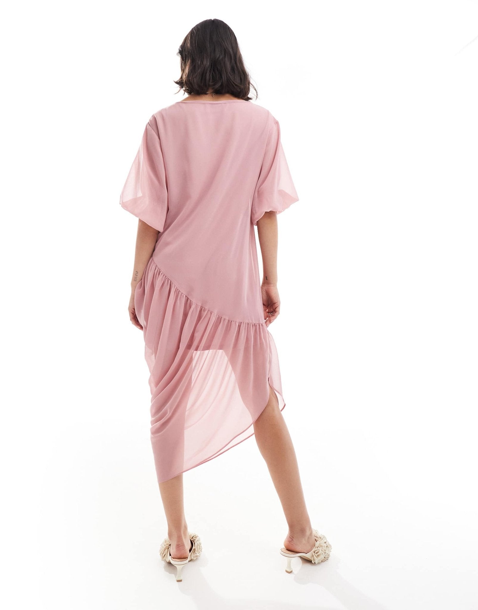 ASOS DESIGN slash neck gathered asym midi dress in rose pink - ASOS Sample Sale