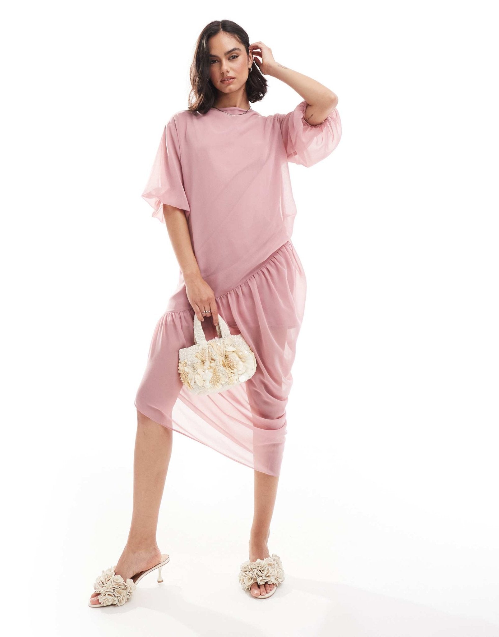 ASOS DESIGN slash neck gathered asym midi dress in rose pink - ASOS Sample Sale
