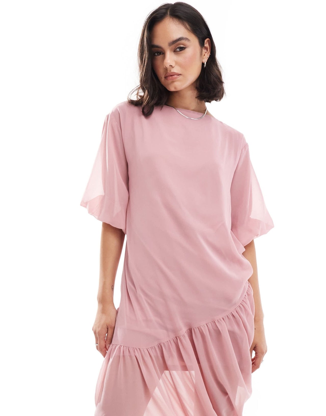 ASOS DESIGN slash neck gathered asym midi dress in rose pink - ASOS Sample Sale