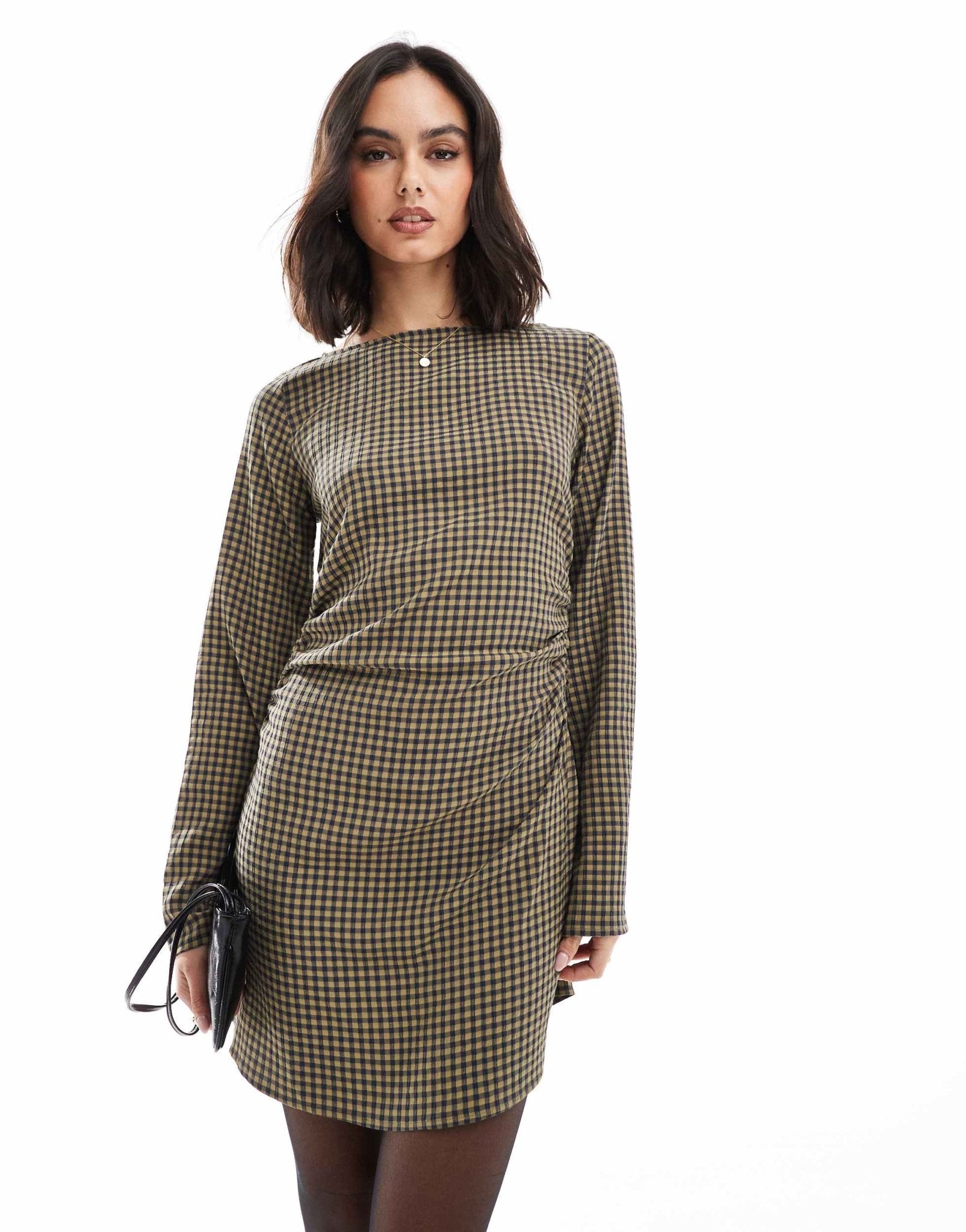 ASOS DESIGN slash neck gathered waist mini dress in khaki gingham - ASOS Sample Sale