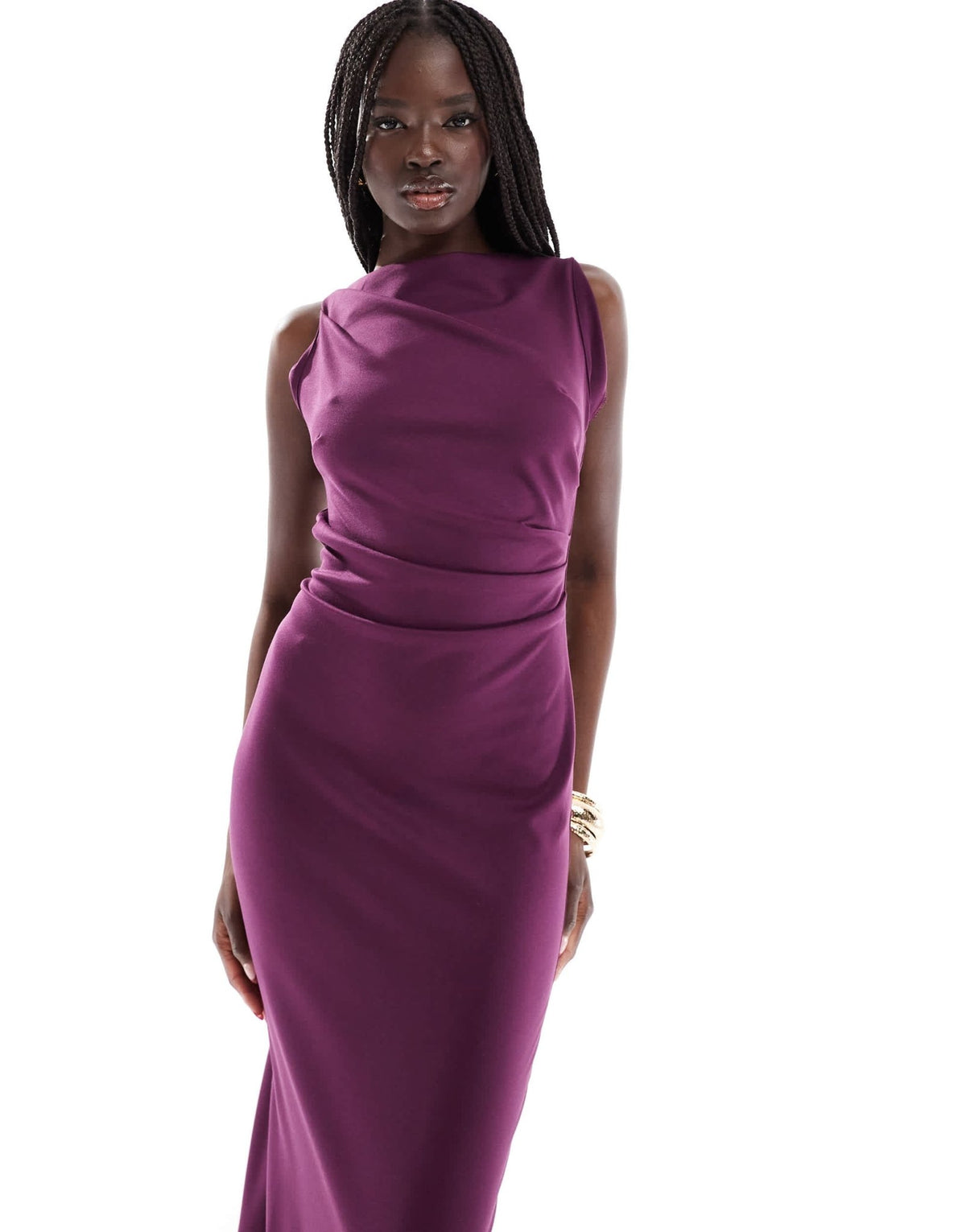 ASOS DESIGN slash neck ponte midi dress with ruched side detail in plum - ASOS Sample Sale