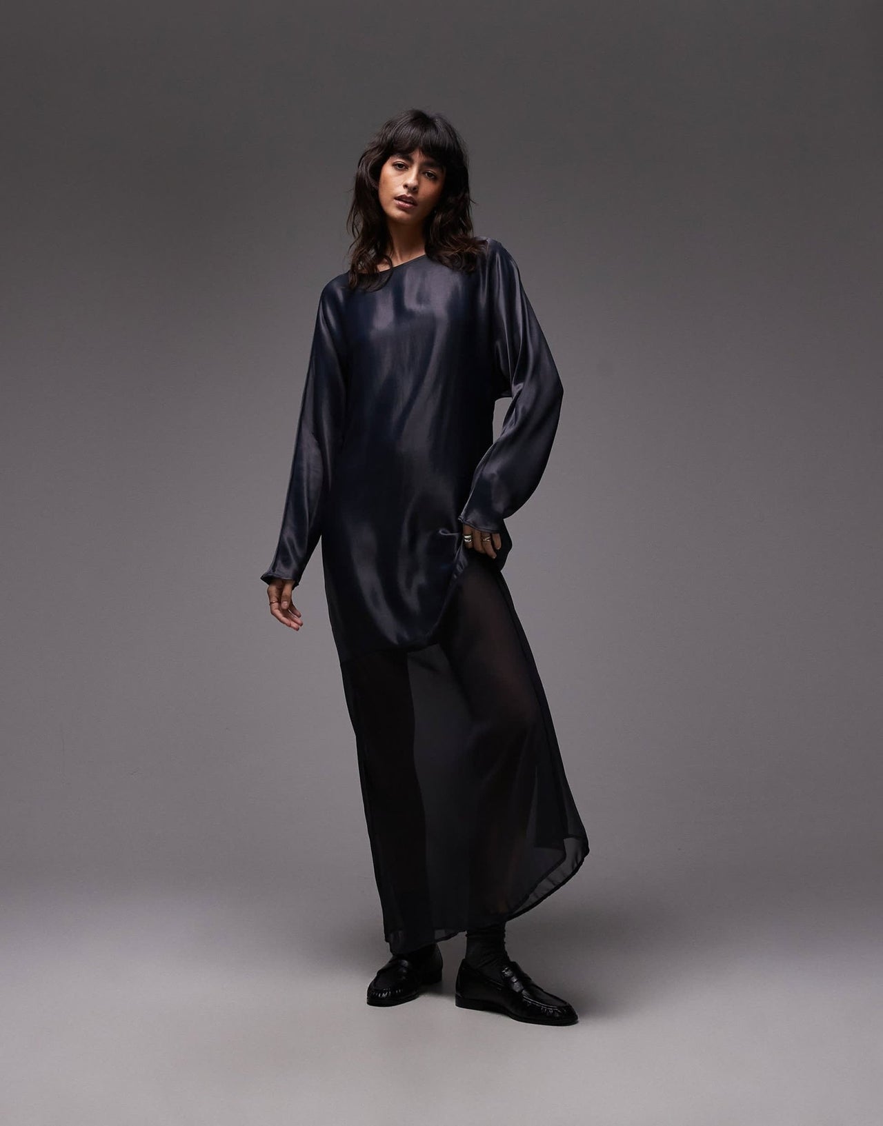 ASOS DESIGN slash neck satin maxi dress with batwing and lace skirt in navy - ASOS Sample Sale