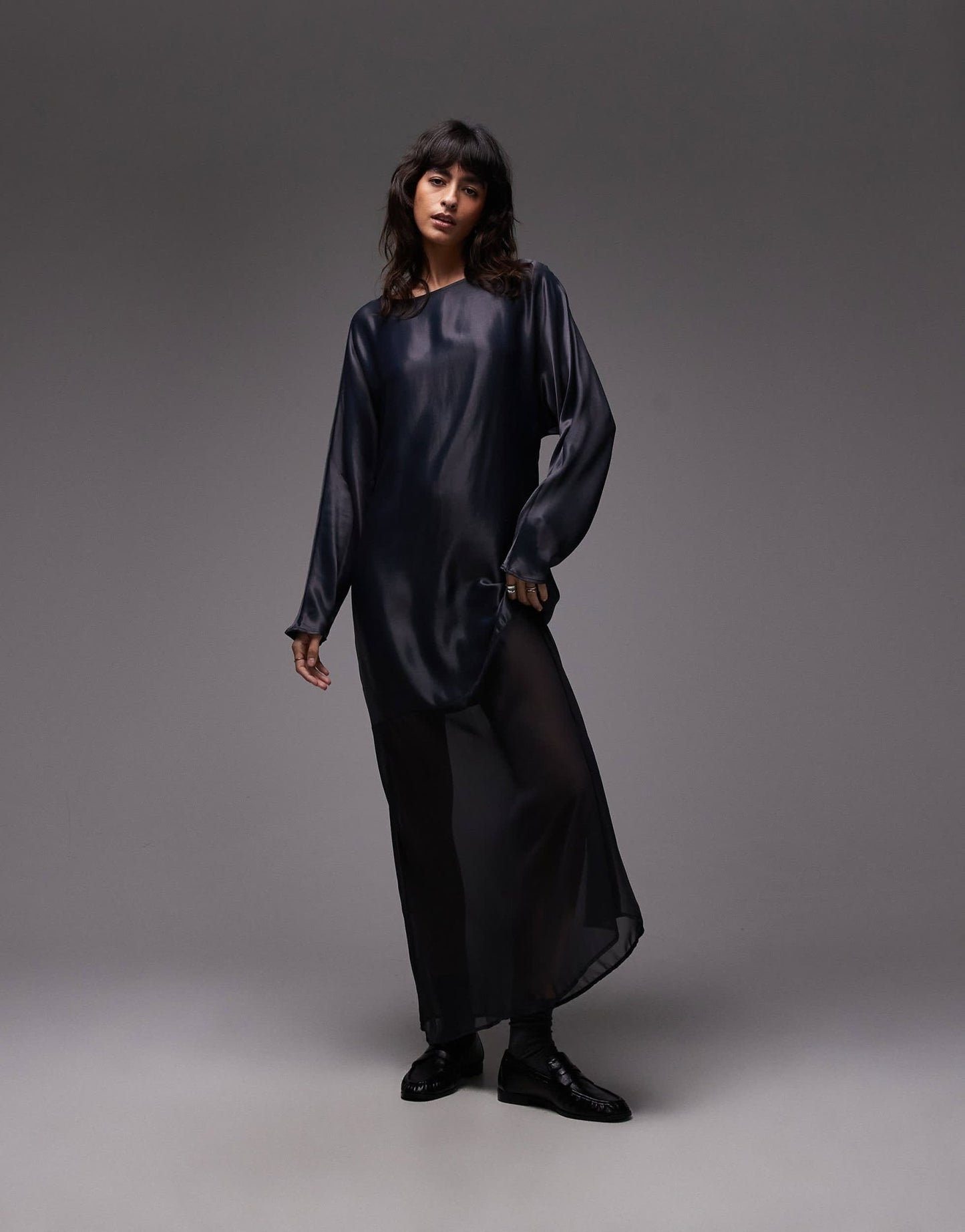 ASOS DESIGN slash neck satin maxi dress with batwing and lace skirt in navy - ASOS Sample Sale