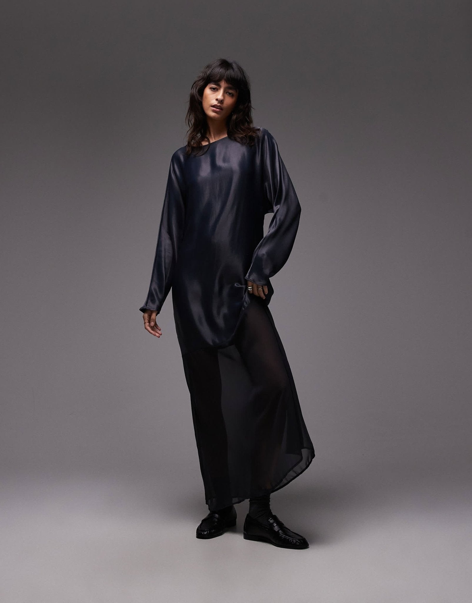 ASOS DESIGN slash neck satin maxi dress with batwing and lace skirt in navy - ASOS Sample Sale