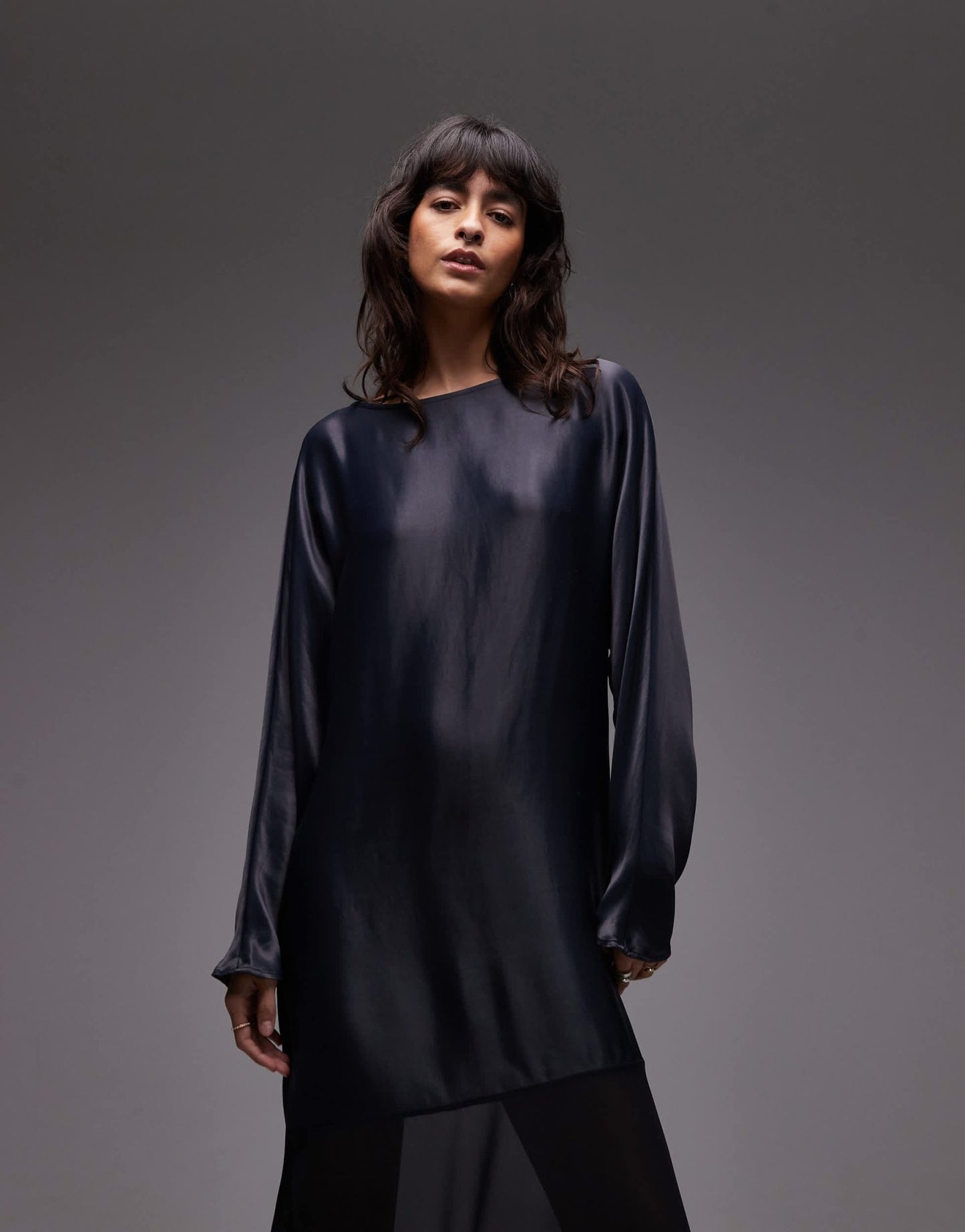ASOS DESIGN slash neck satin maxi dress with batwing and lace skirt in navy - ASOS Sample Sale
