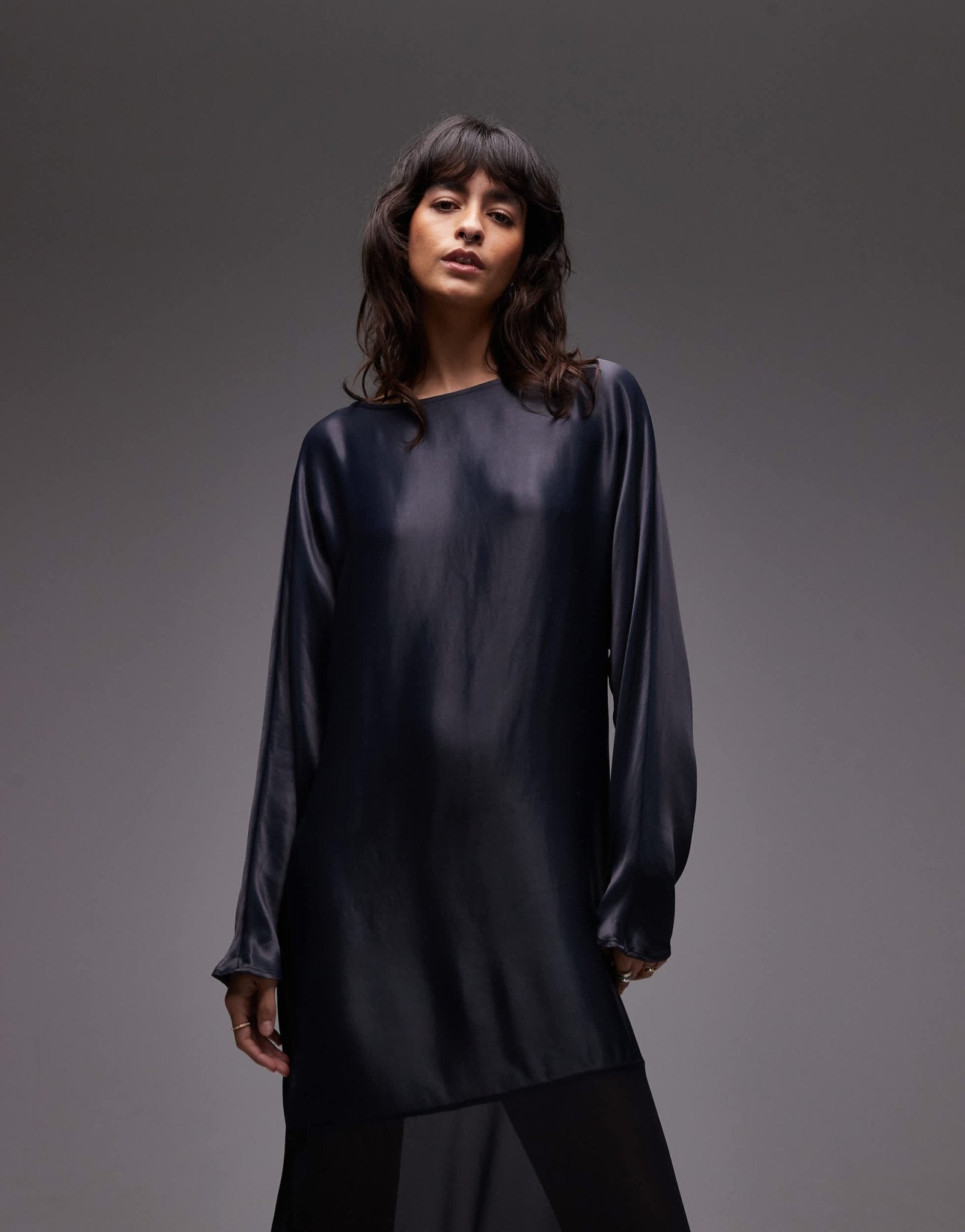 ASOS DESIGN slash neck satin maxi dress with batwing and lace skirt in navy - ASOS Sample Sale