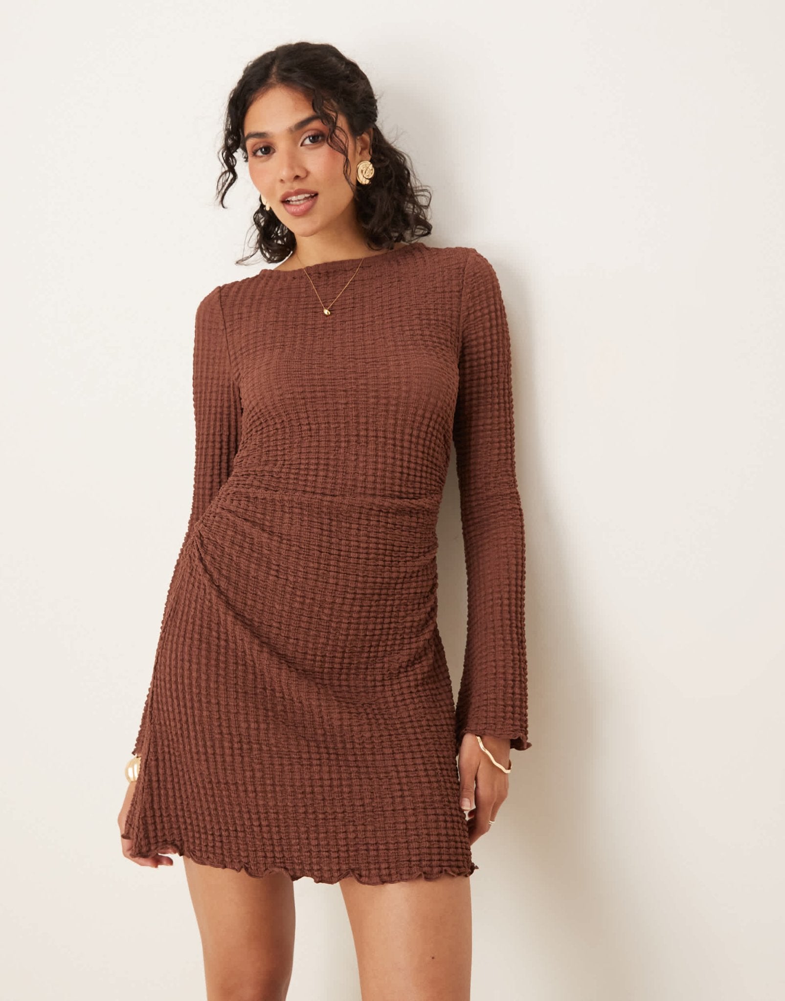 ASOS DESIGN slash neck textured mini dress with flare sleeve in brown - ASOS Sample Sale