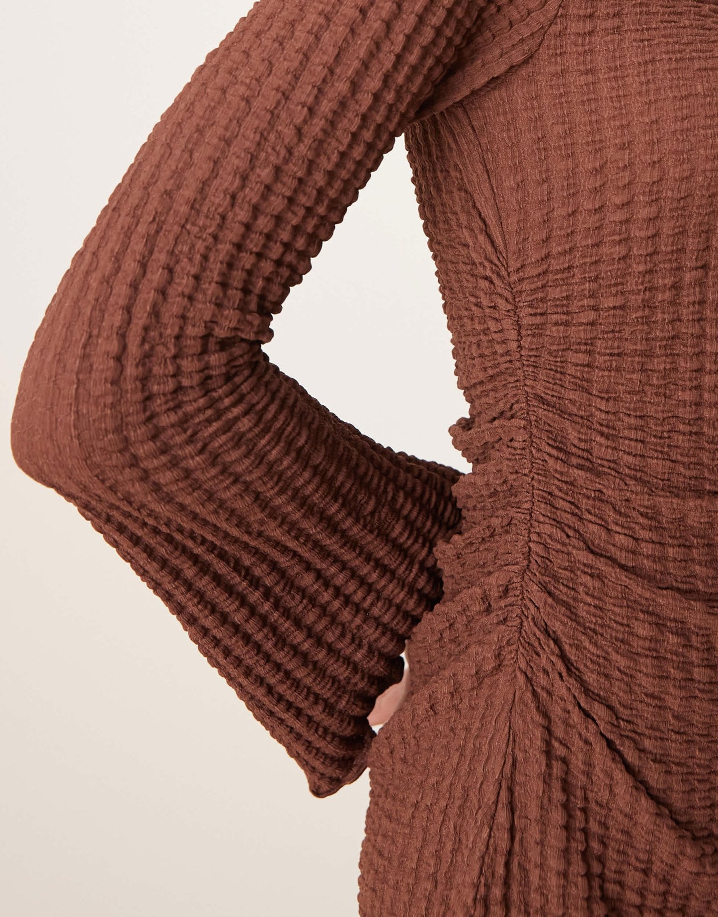 ASOS DESIGN slash neck textured mini dress with flare sleeve in brown - ASOS Sample Sale