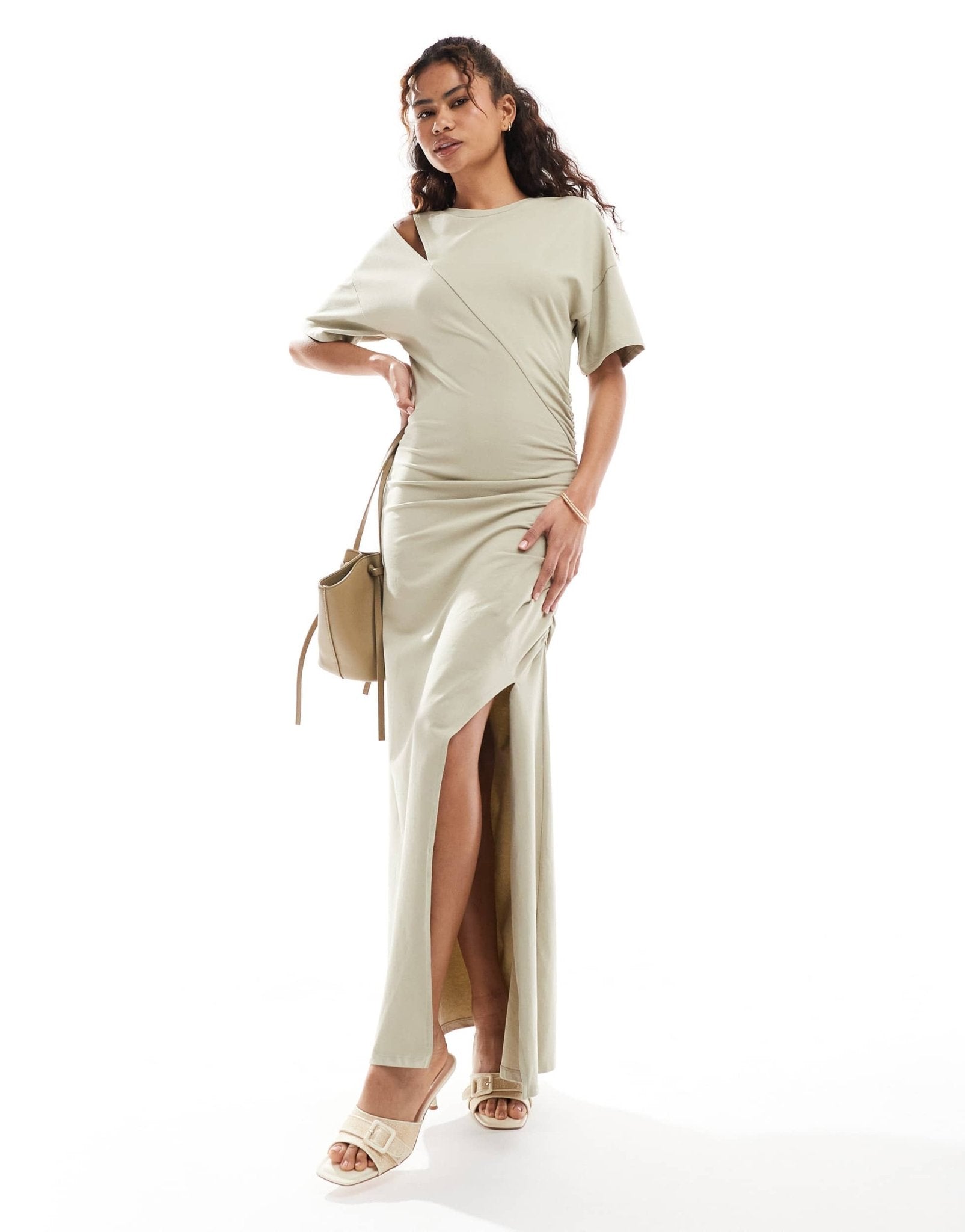 ASOS DESIGN slash ruched front T-shirt maxi dress in stone - ASOS Sample Sale