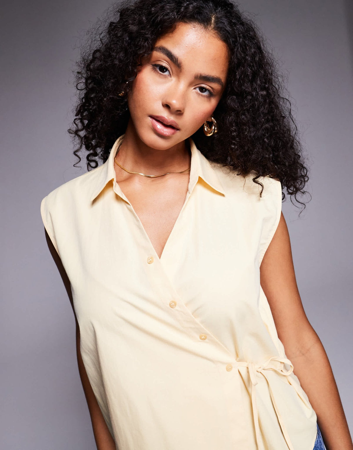 ASOS DESIGN sleeveless diagonal placket shirt in buttermilk - ASOS Sample Sale