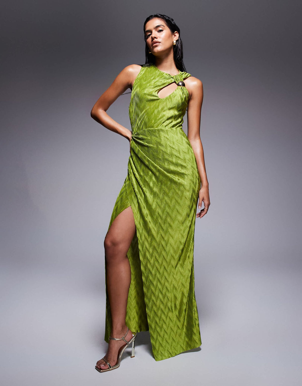 ASOS DESIGN sleeveless draped and cut out with trim detail maxi dress in green - ASOS Sample Sale