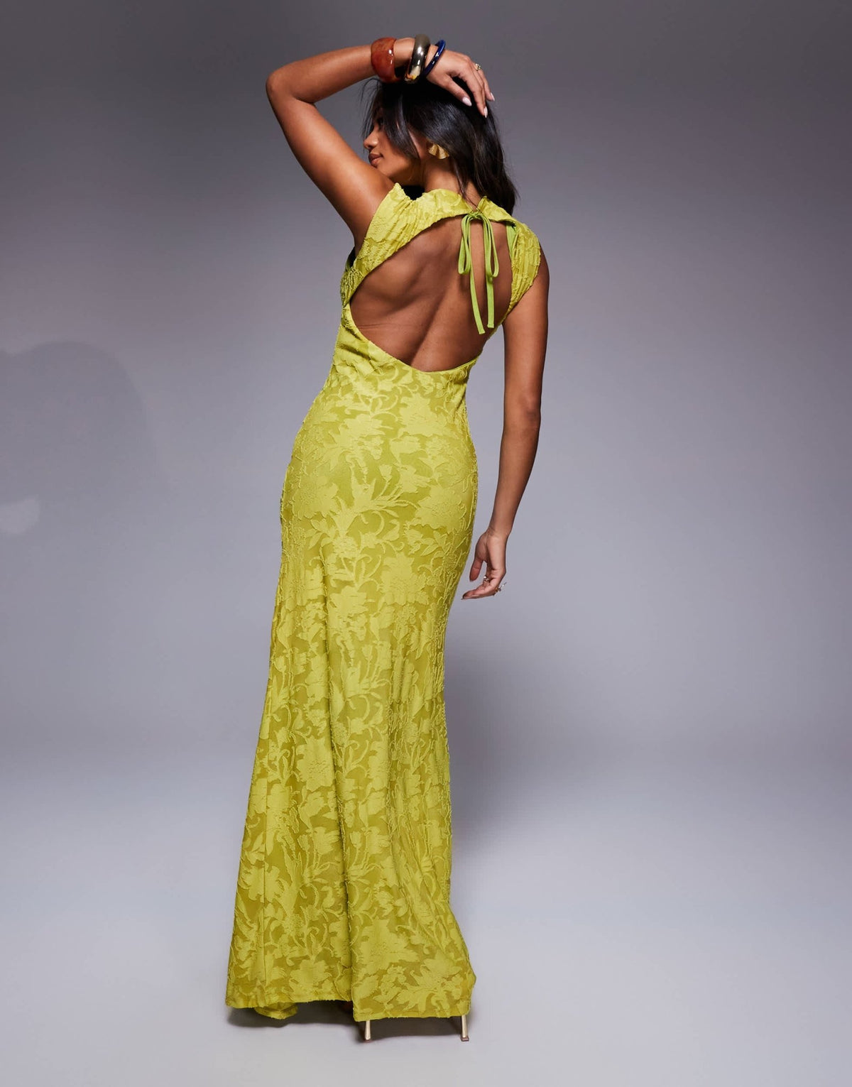 ASOS DESIGN sleeveless high neck devore maxi dress with ruched skirt detail in lime - ASOS Sample Sale