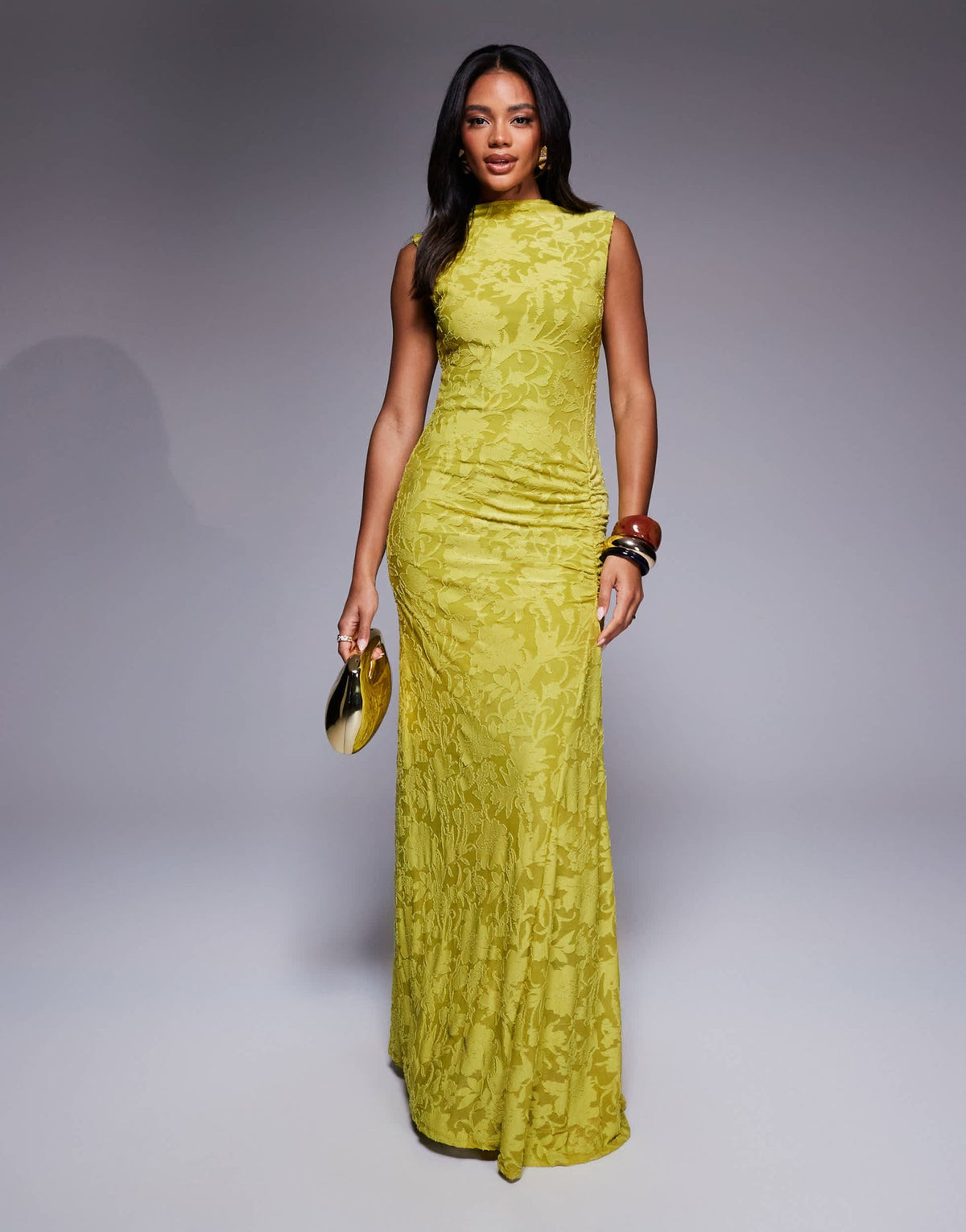 ASOS DESIGN sleeveless high neck devore maxi dress with ruched skirt detail in lime - ASOS Sample Sale