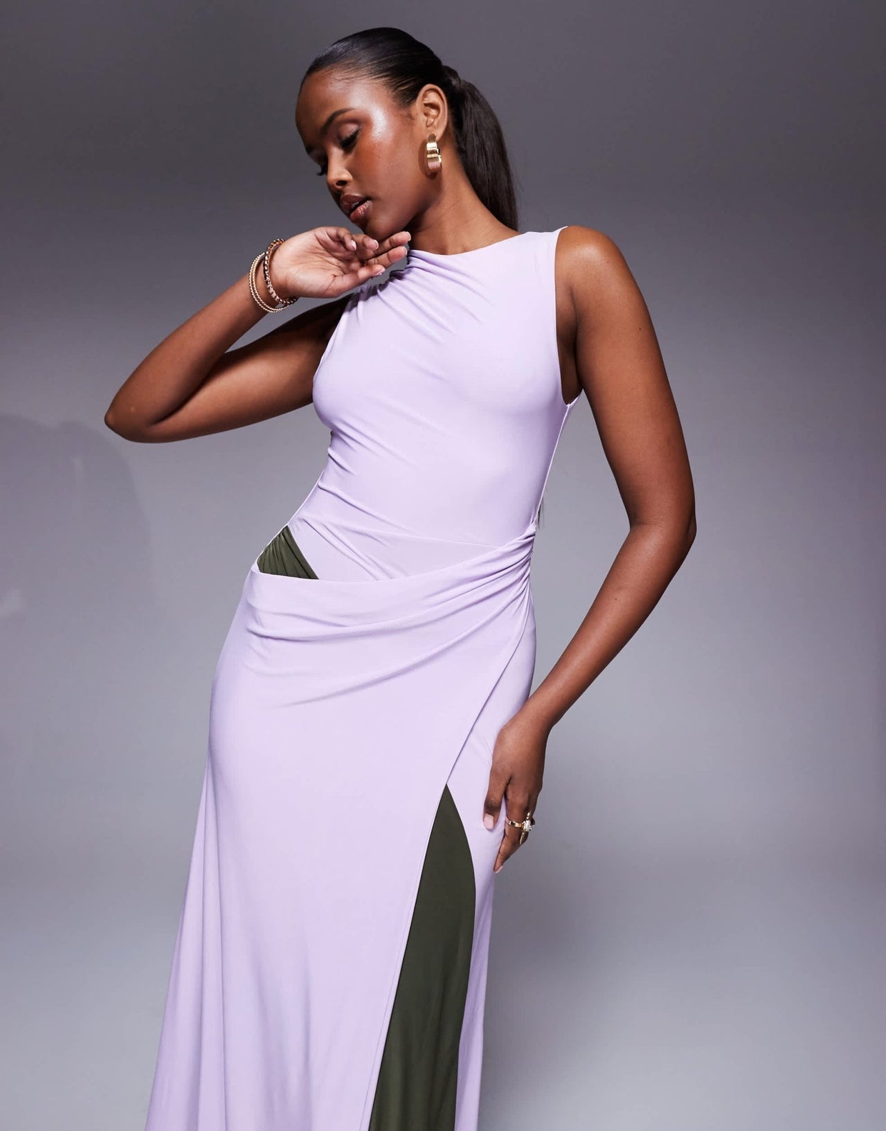 ASOS DESIGN sleeveless sarong detail maxi dress with contrast sash in lilac - ASOS Sample Sale