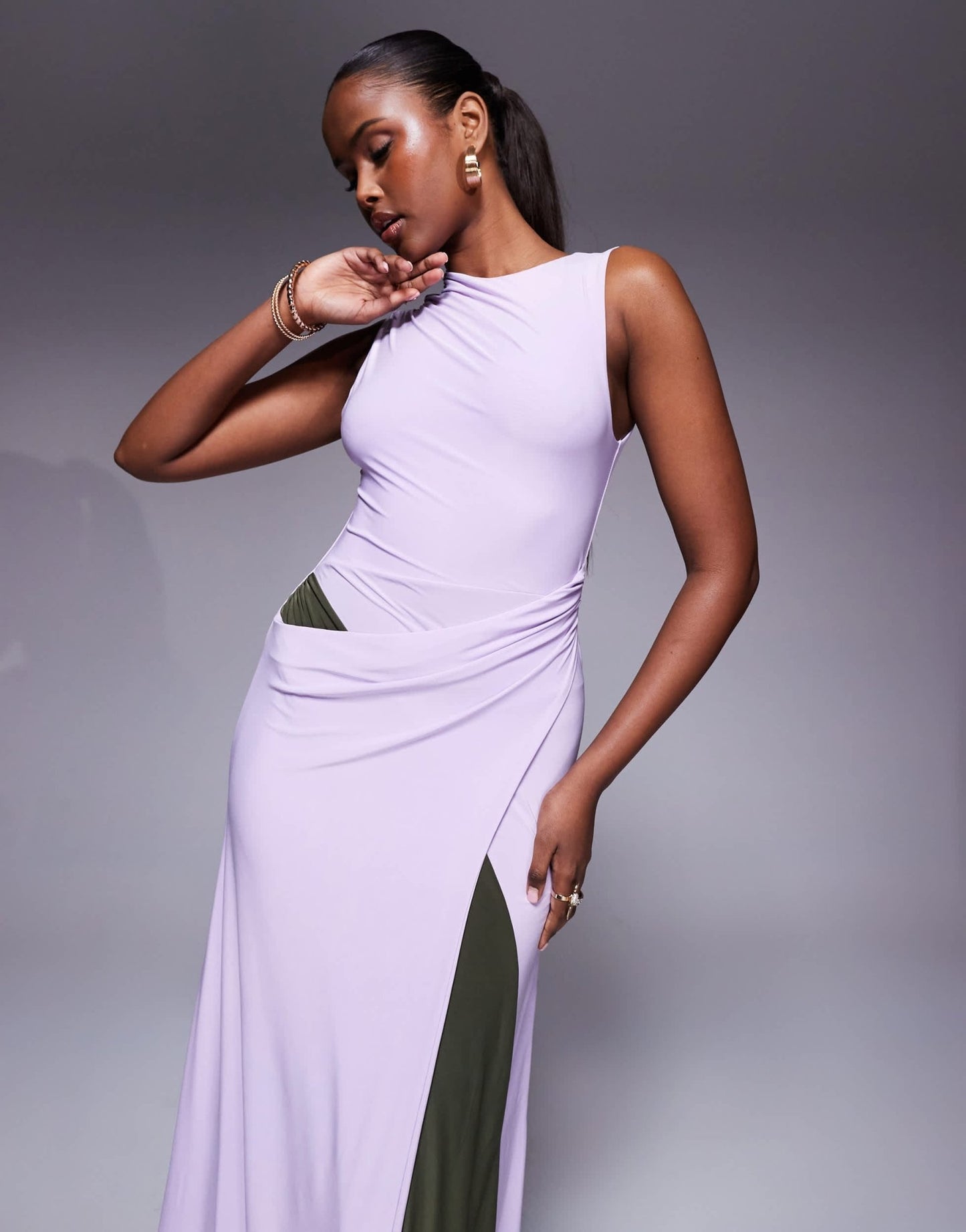 ASOS DESIGN sleeveless sarong detail maxi dress with contrast sash in lilac - ASOS Sample Sale