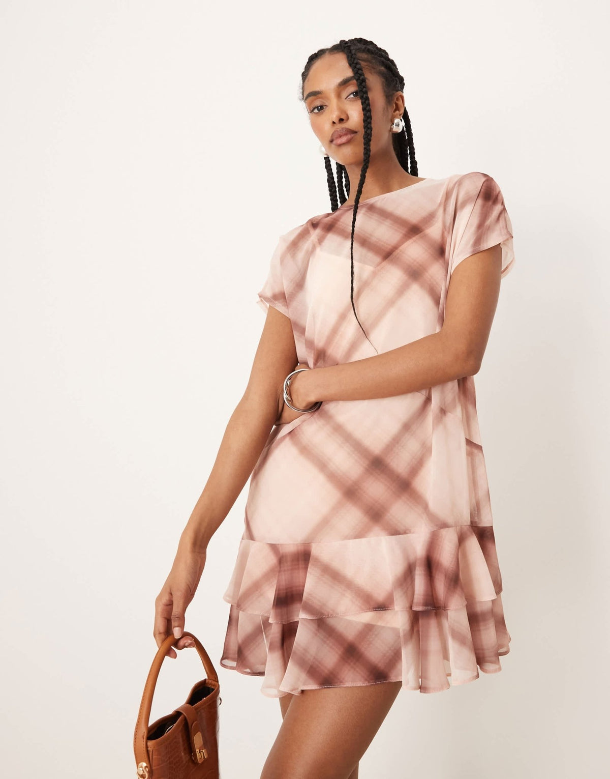 ASOS DESIGN sleeveless smock ruffle mini in pink check - ASOS Sample Sale