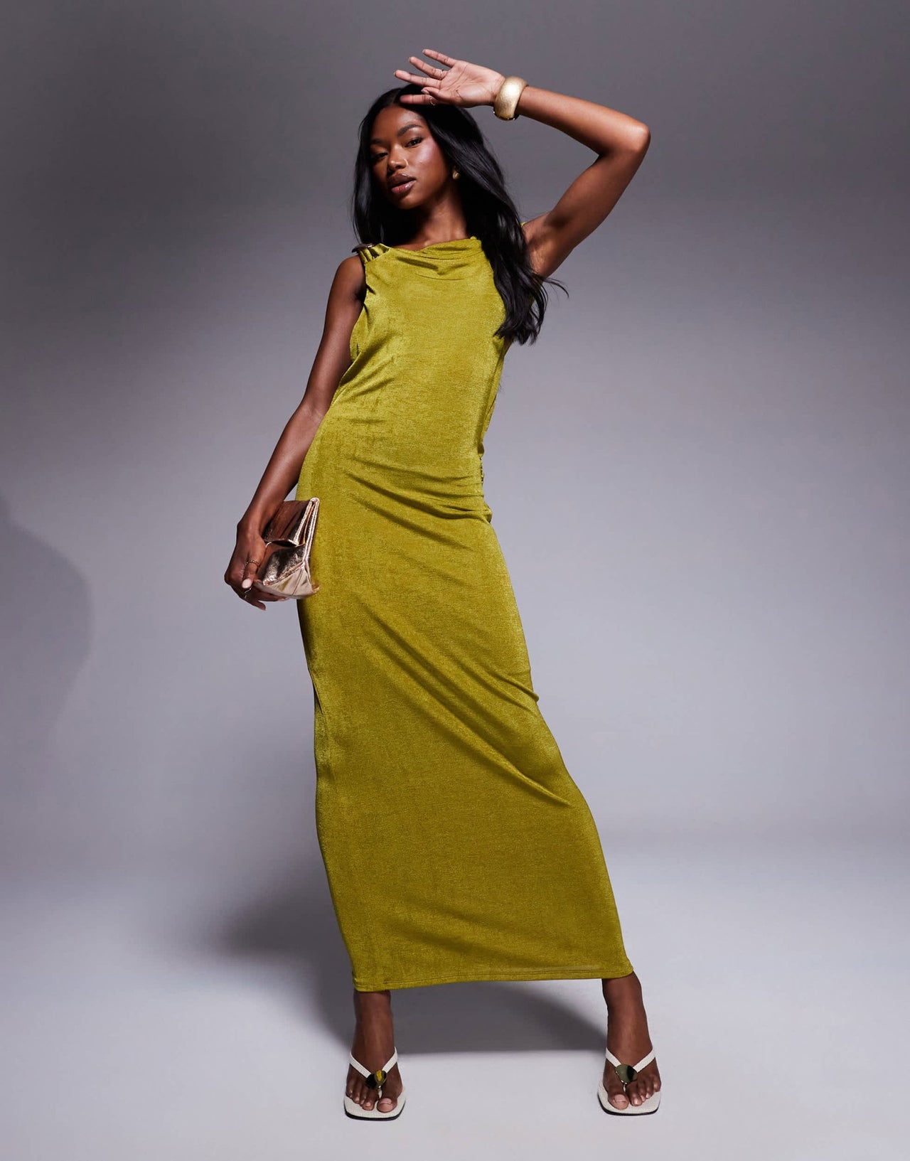 ASOS DESIGN sleeveless with plunge cowl back with trim detail maxi dress in green - ASOS Sample Sale