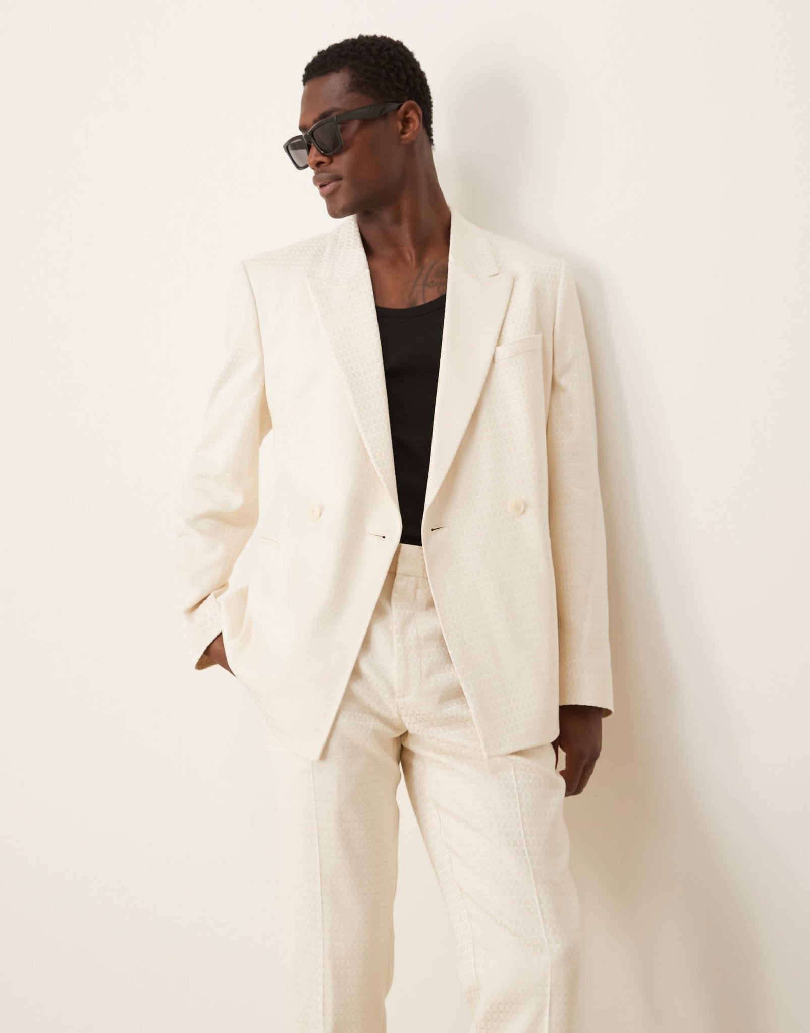 ASOS DESIGN slim double breasted suit jacket in cream geo jacquard - ASOS Sample Sale