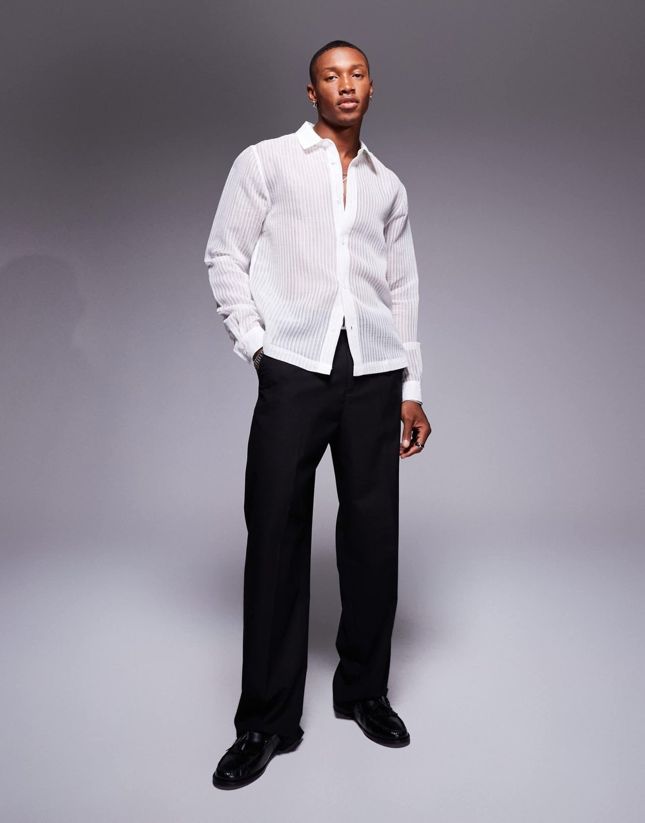 ASOS DESIGN slim fit shirt in sheer striped mesh in white - ASOS Sample Sale