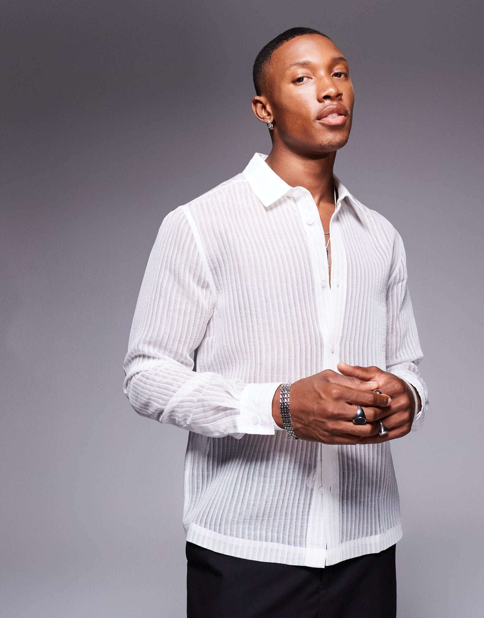 ASOS DESIGN slim fit shirt in sheer striped mesh in white - ASOS Sample Sale
