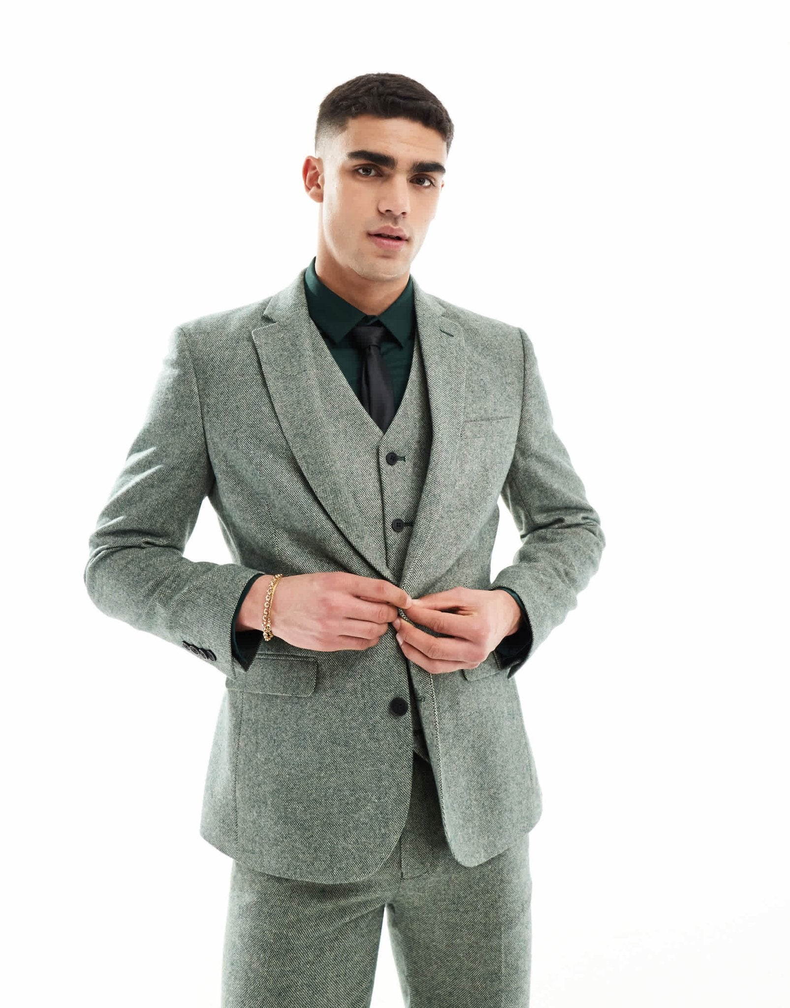 ASOS DESIGN slim fit wool mix suit jacket in bottle green tweed - ASOS Sample Sale