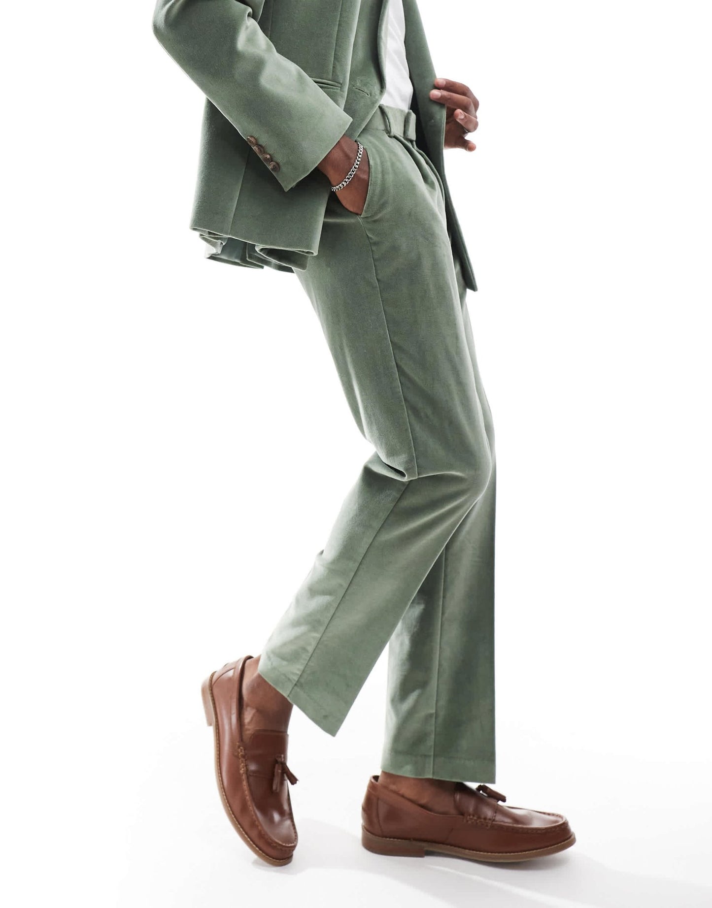 ASOS DESIGN slim pleat front suit trousers in sage green cotton velvet - ASOS Sample Sale