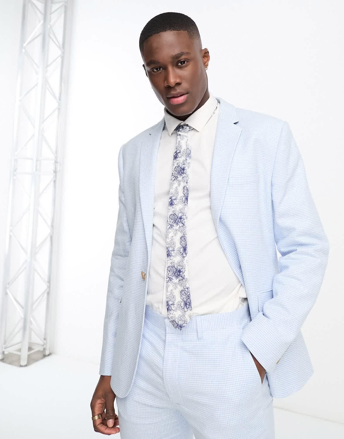 ASOS DESIGN slim suit jacket in linen in puppytooth in blue - ASOS Sample Sale