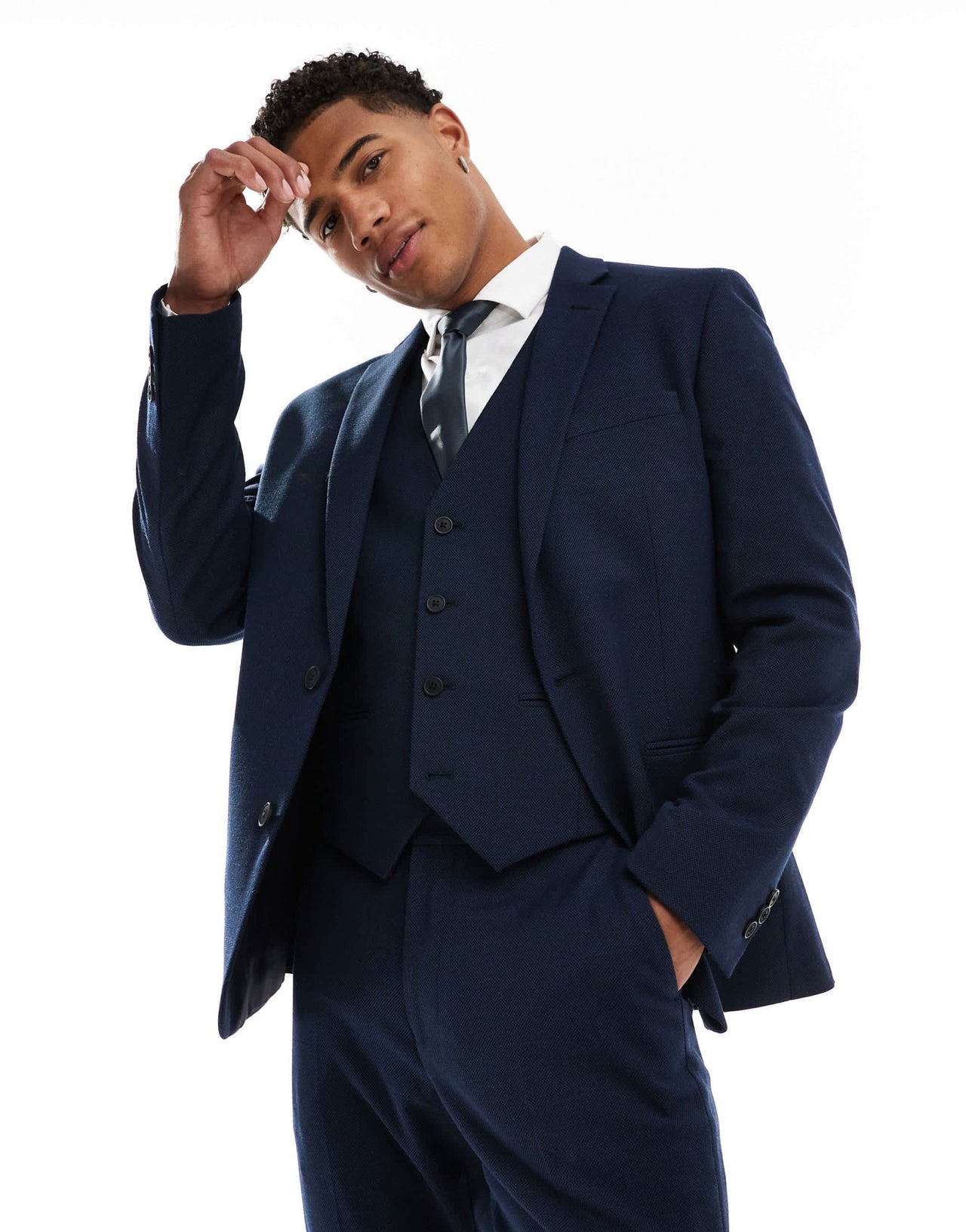 ASOS DESIGN slim suit jacket in navy microtexture - ASOS Sample Sale