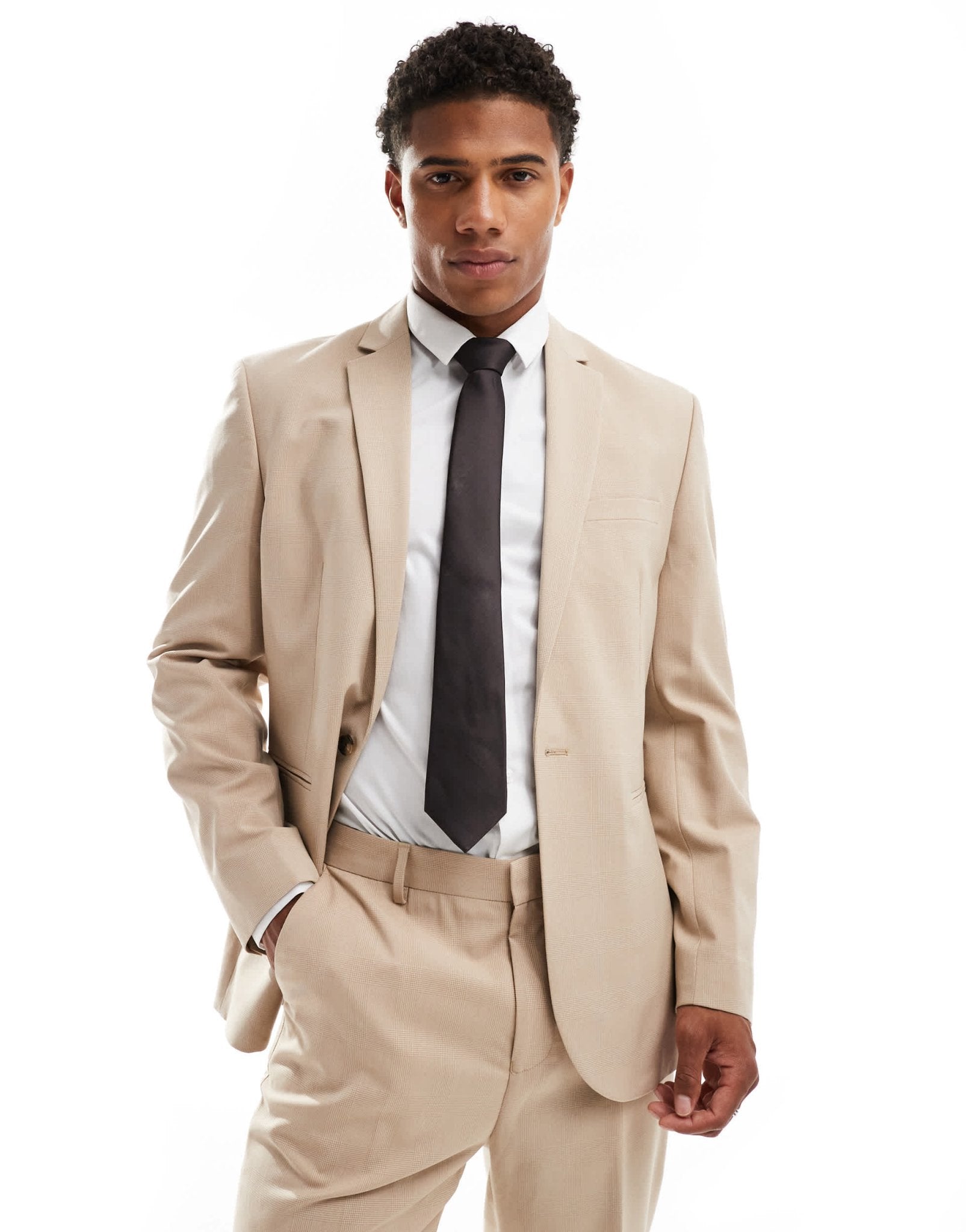 ASOS DESIGN slim suit jacket in tonal neutral prince of wales check - ASOS Sample Sale