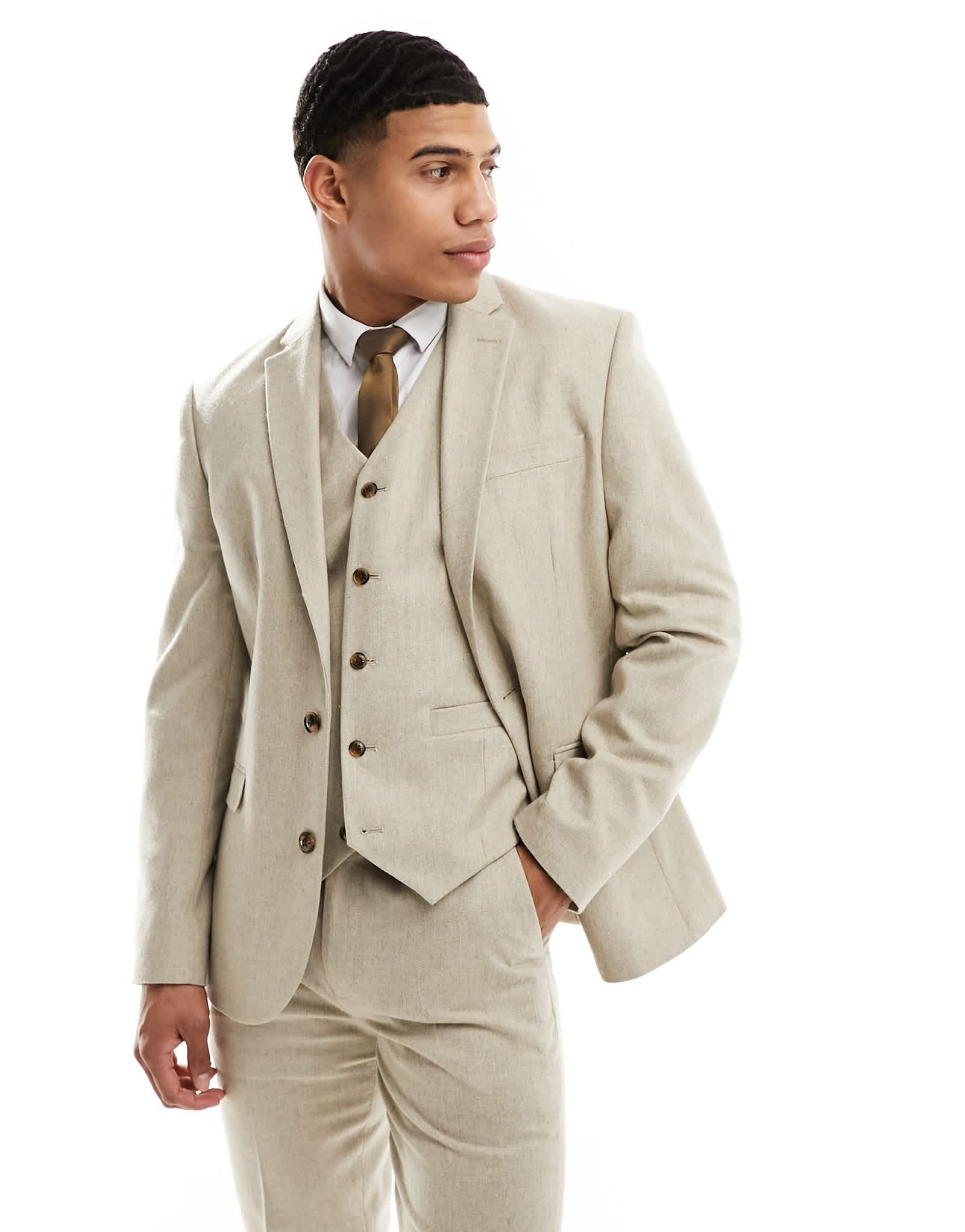 ASOS DESIGN slim suit jacket in wool mix texture in beige - ASOS Sample Sale