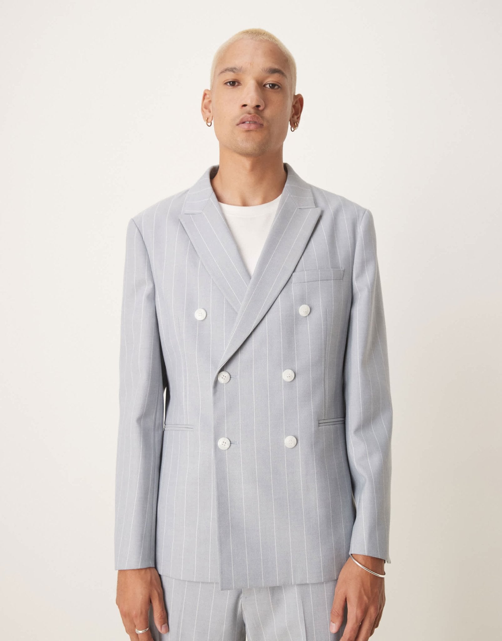 ASOS DESIGN slim suit jacket with linen in blue pinstripe - ASOS Sample Sale