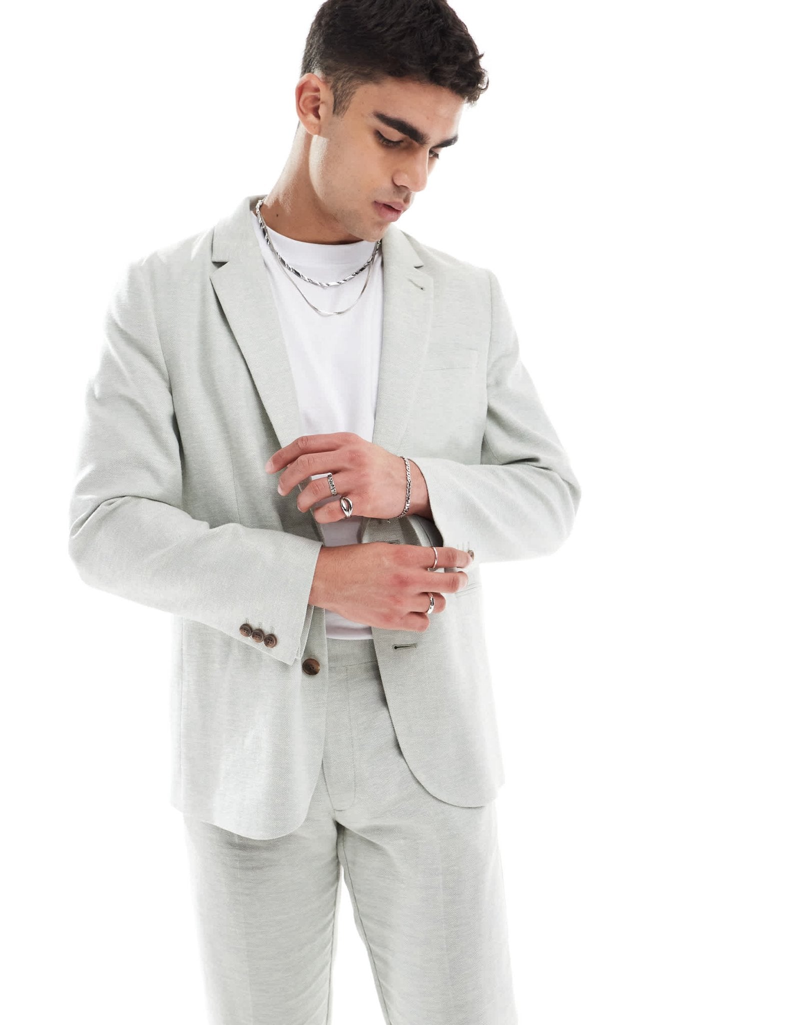 ASOS DESIGN slim suit jacket with linen in light green herringbone - ASOS Sample Sale
