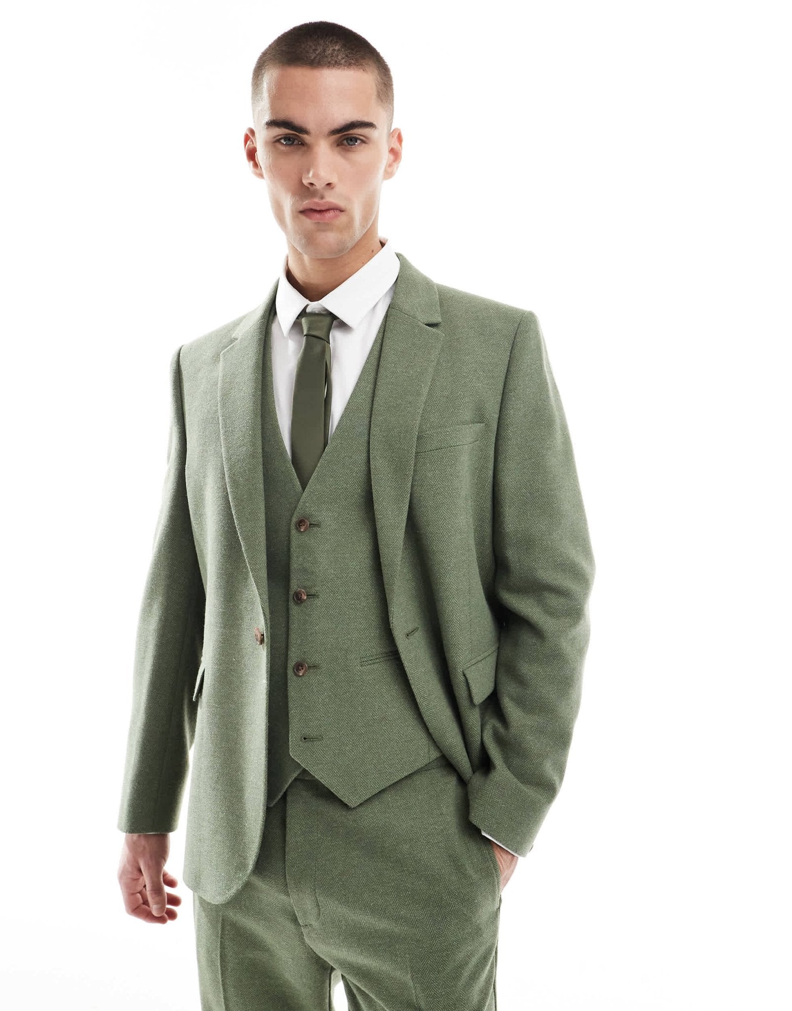 ASOS DESIGN slim suit jacket with wool in green herringbone - ASOS Sample Sale