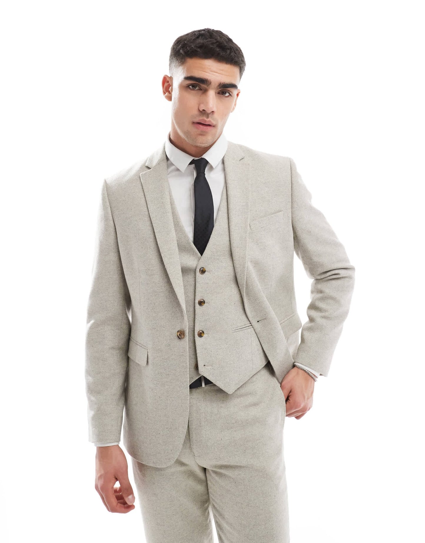 ASOS DESIGN slim suit jacket with wool in stone tweed - ASOS Sample Sale