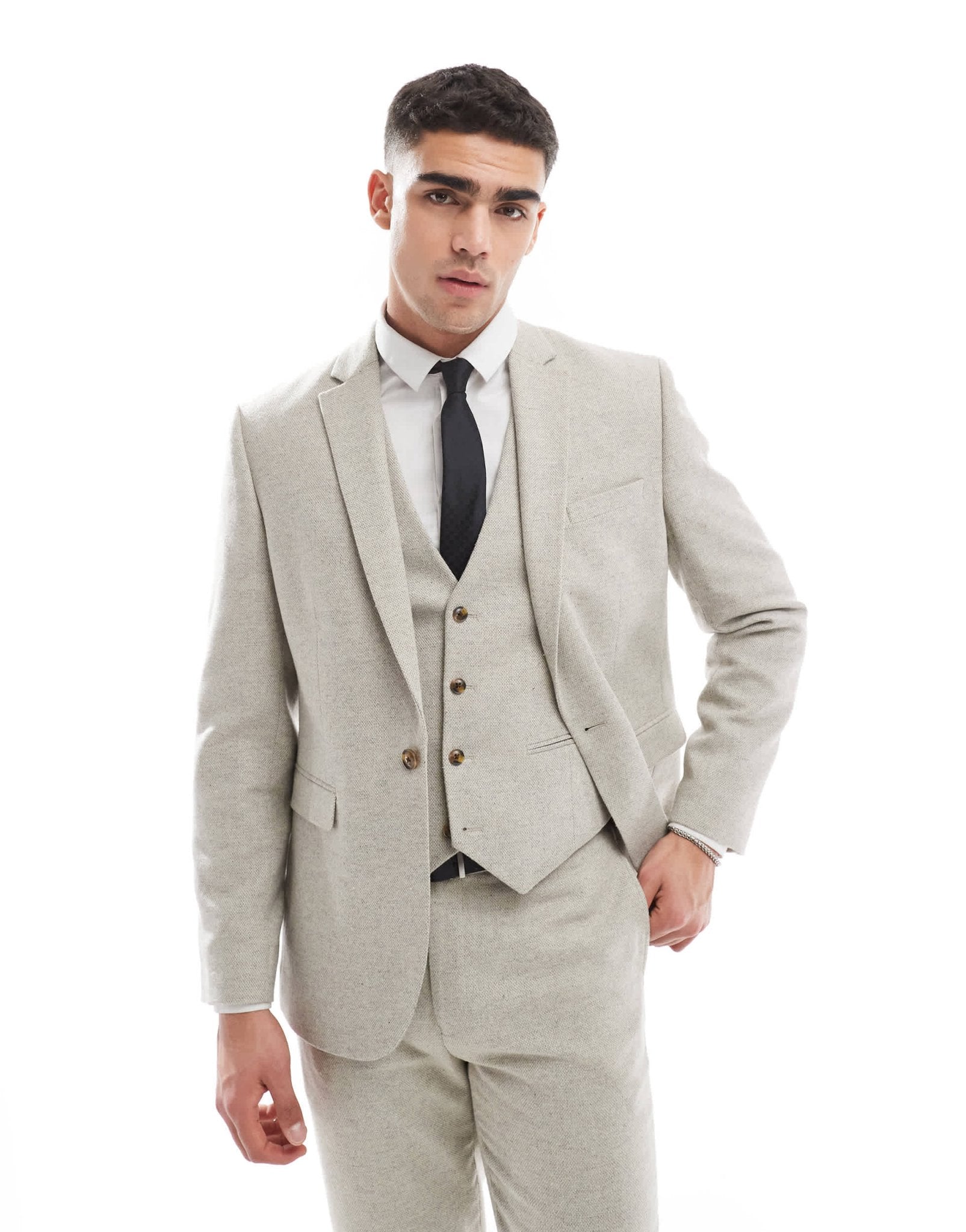 ASOS DESIGN slim suit jacket with wool in stone tweed - ASOS Sample Sale