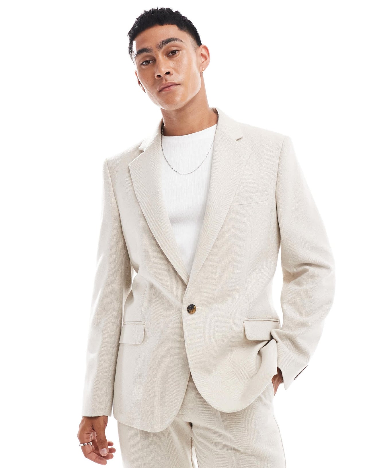 ASOS DESIGN slim wool blend suit jacket in stone herringbone - ASOS Sample Sale