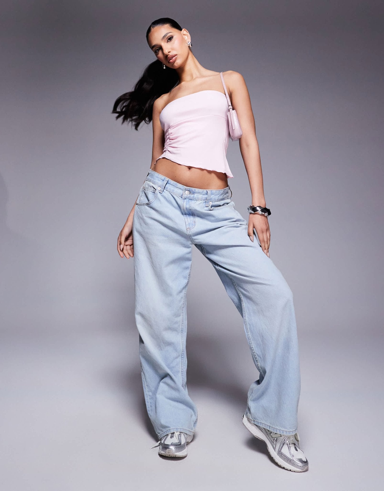 ASOS DESIGN slinky asymmetric bandeau top with ruched detail in pink - ASOS Sample Sale