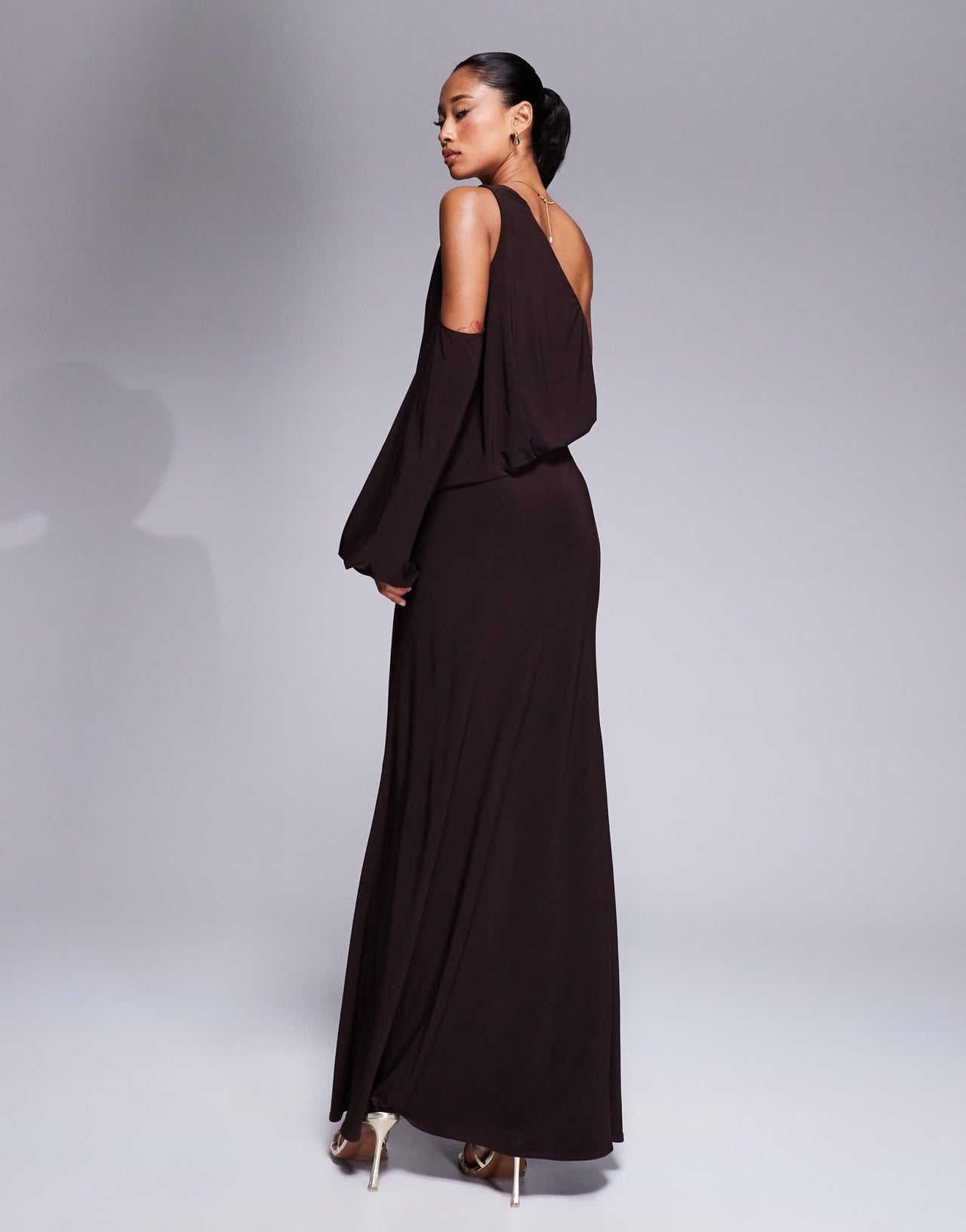 ASOS DESIGN slinky asymmetric drape maxi dress with oversized trim in chocolate - ASOS Sample Sale