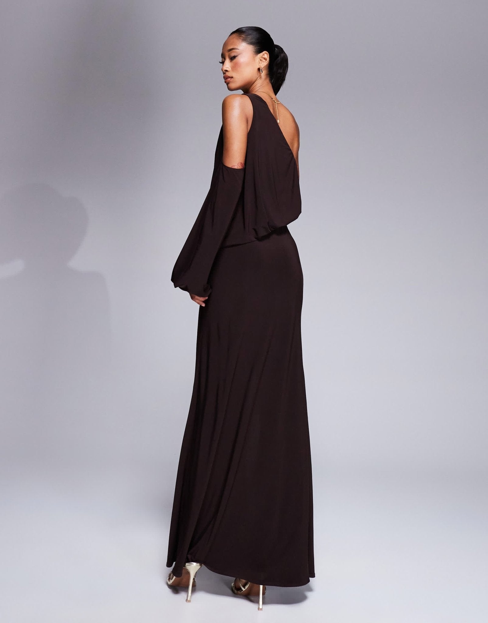 ASOS DESIGN slinky asymmetric drape maxi dress with oversized trim in chocolate - ASOS Sample Sale