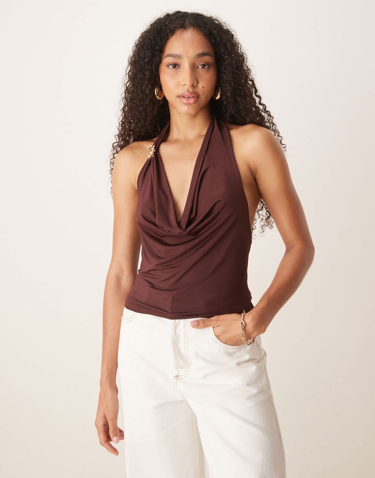 ASOS DESIGN slinky cowl neck top with gold trim detail in brown - ASOS Sample Sale