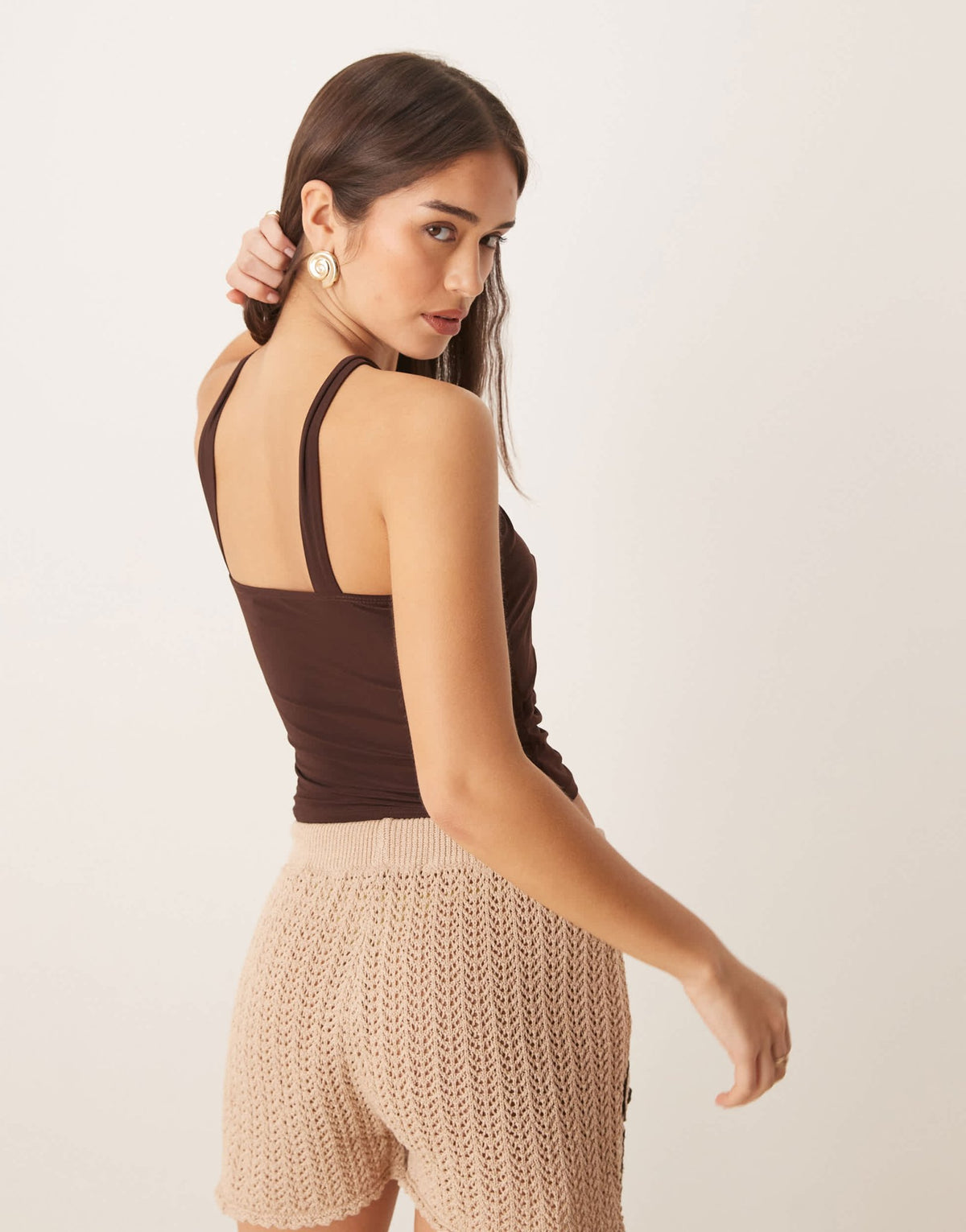 ASOS DESIGN slinky cut out halterneck top with bead detail in chocolate - ASOS Sample Sale