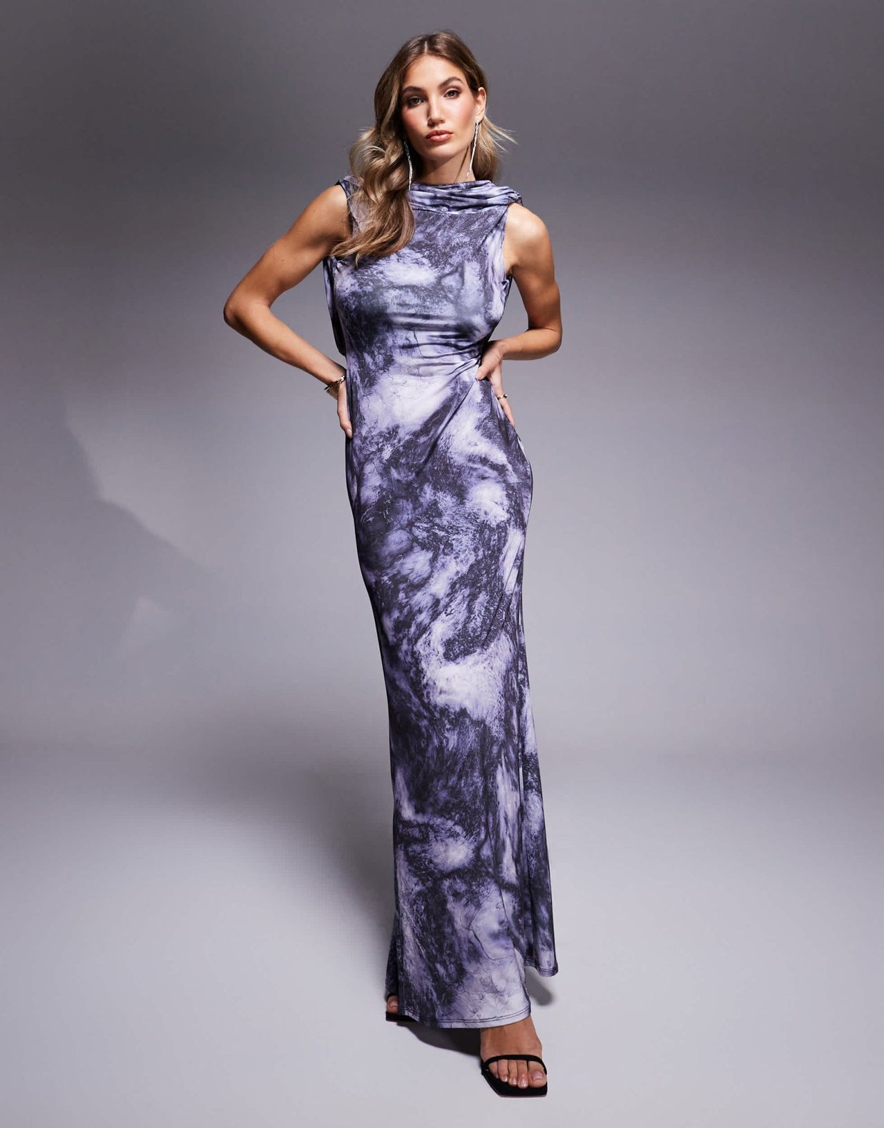 ASOS DESIGN slinky high neck maxi dress with deep drape back detail in blue marble print - ASOS Sample Sale