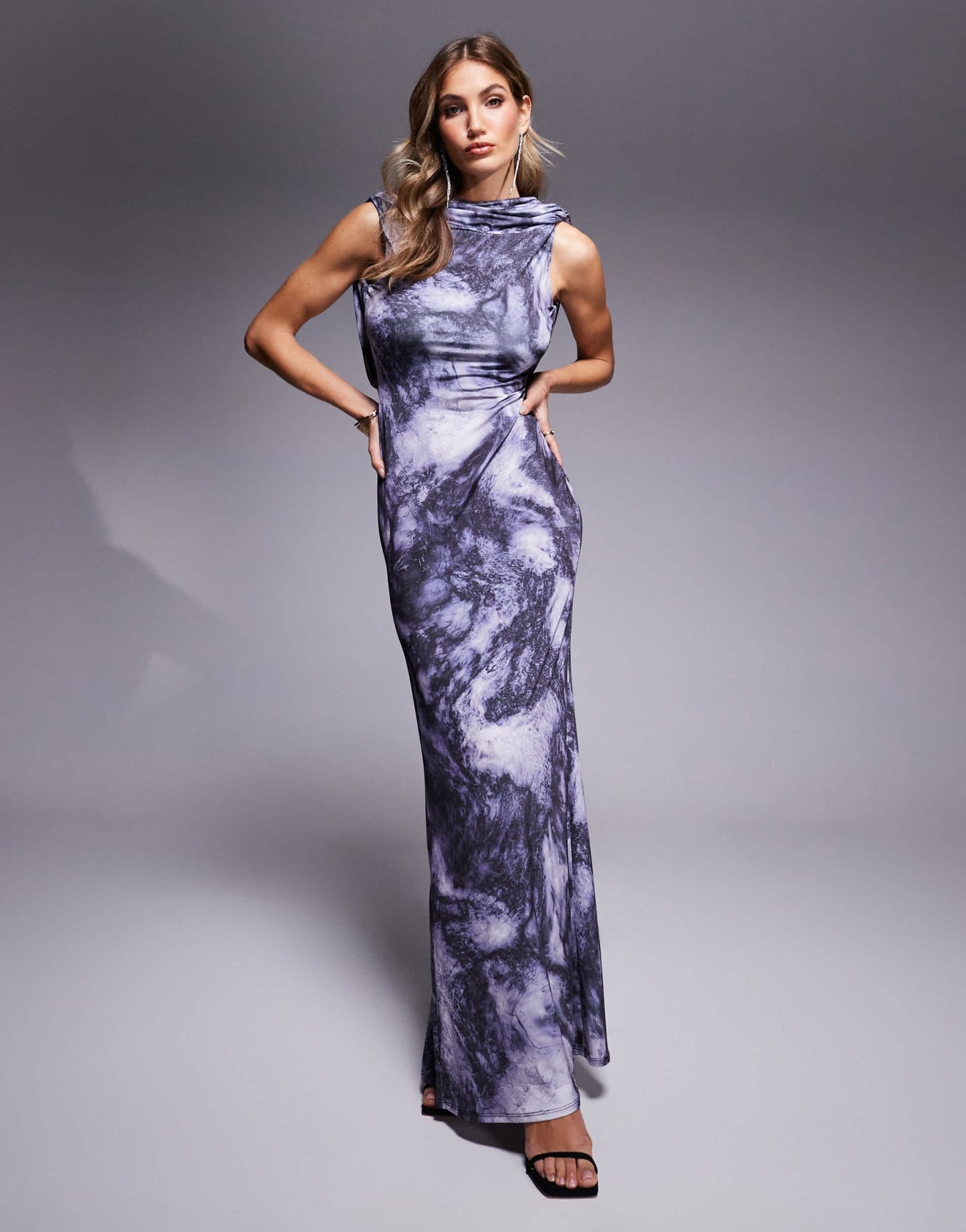 ASOS DESIGN slinky high neck maxi dress with deep drape back detail in blue marble print - ASOS Sample Sale