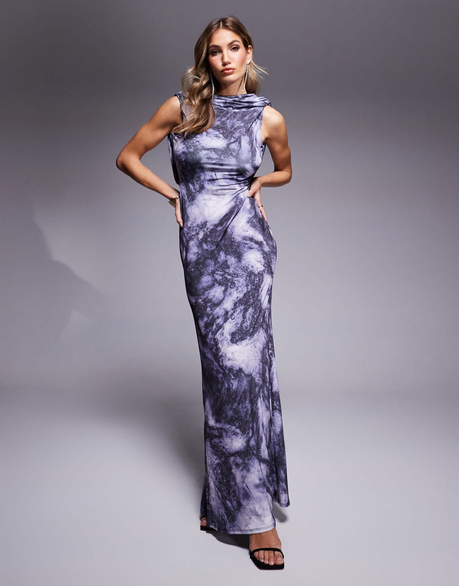 ASOS DESIGN slinky high neck maxi dress with deep drape back detail in blue marble print - ASOS Sample Sale