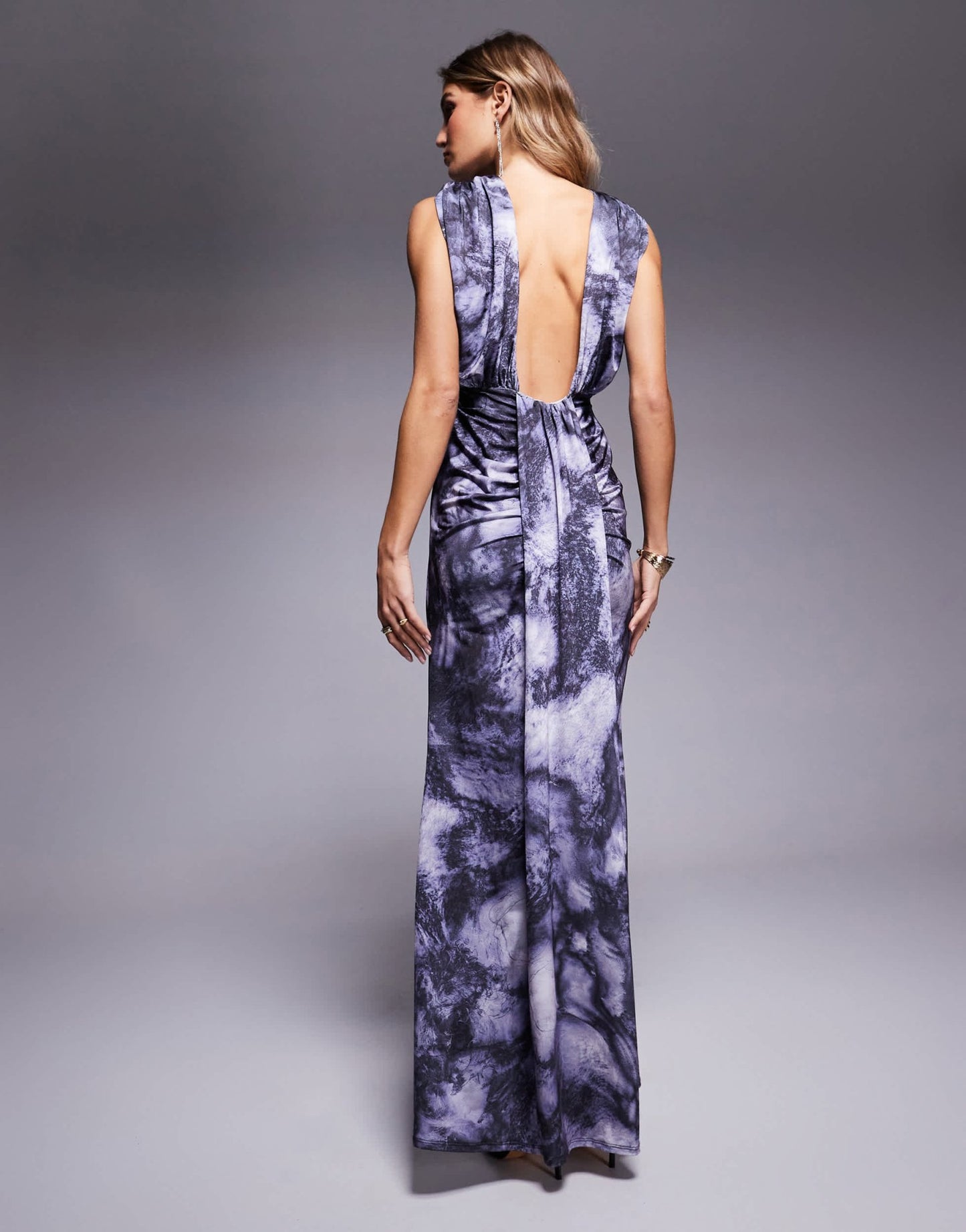 ASOS DESIGN slinky high neck maxi dress with deep drape back detail in blue marble print - ASOS Sample Sale